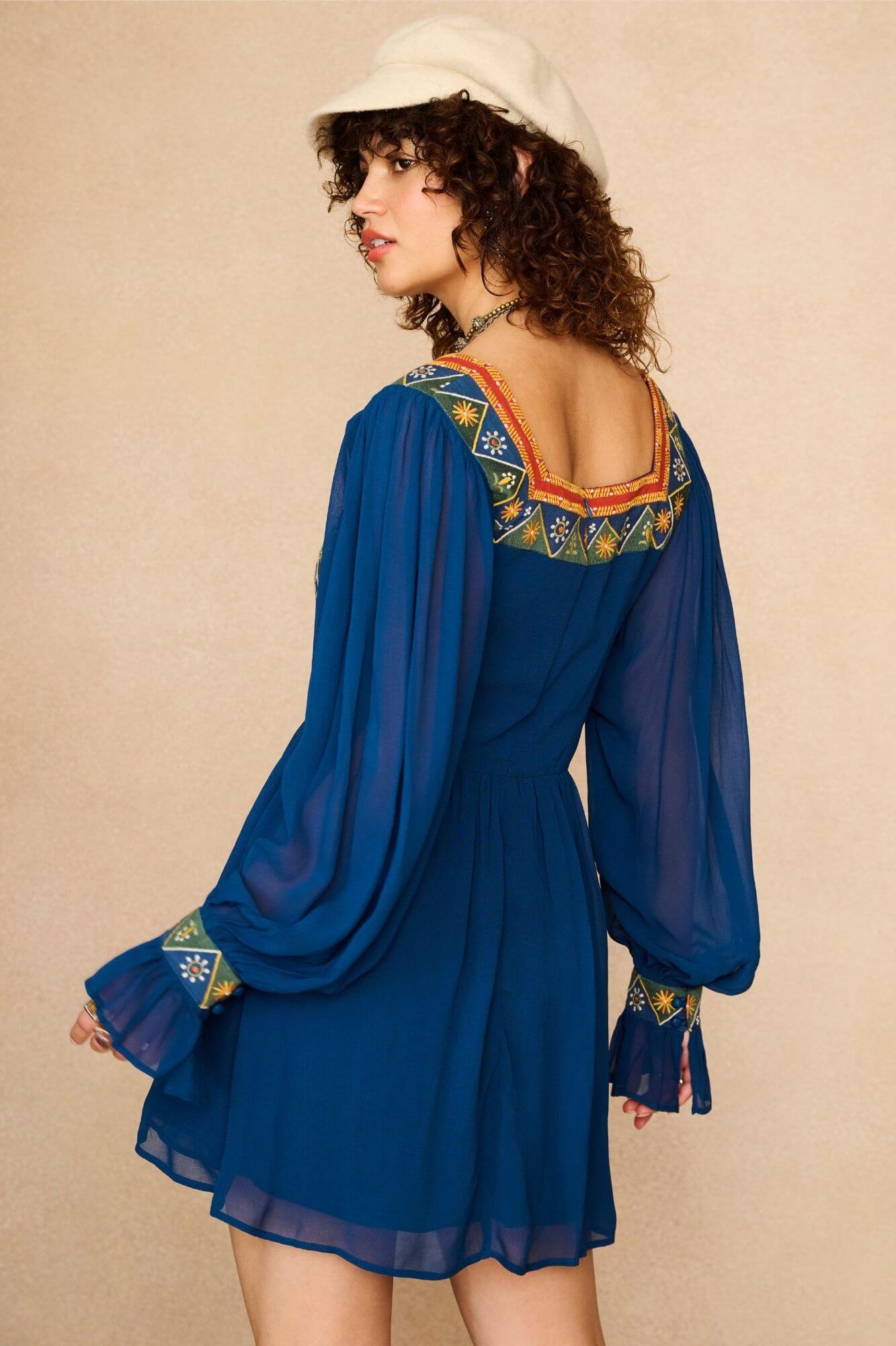 Aurora Sheer Embroidered Mini Dress – Blue