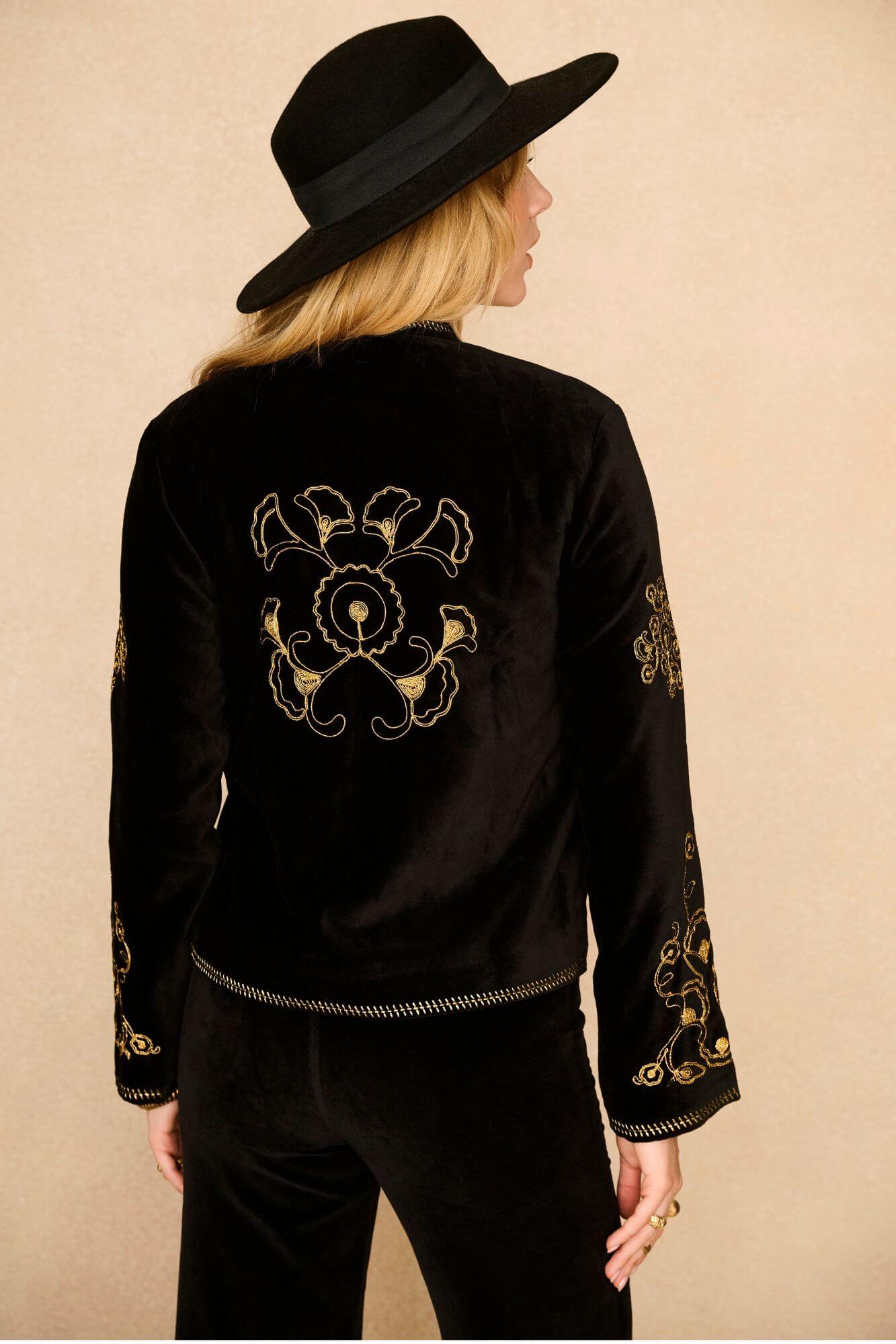 Smoke & Gold Embroidered Velvet Jacket – Black