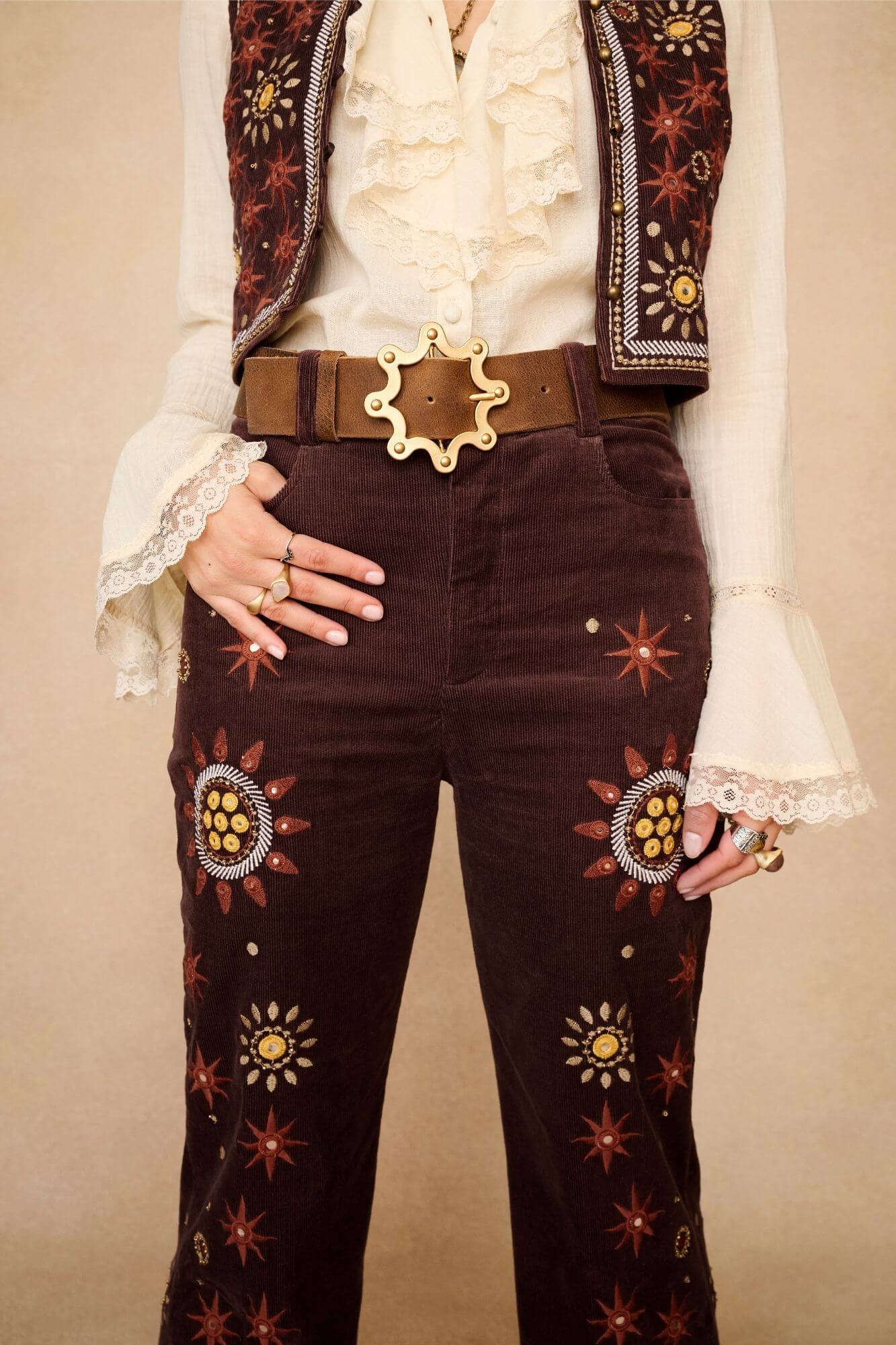 Stardust Corduroy Embroidered Flares – Brown