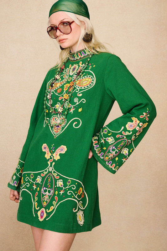 Willow Folk Embroidered Mini Dress – Green