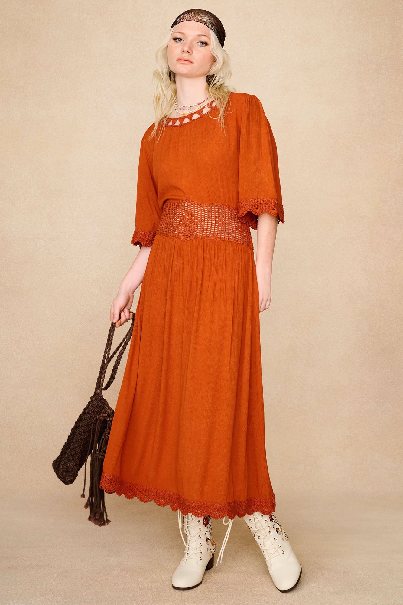 Sunspell Crochet Trim Midi Dress – Orange