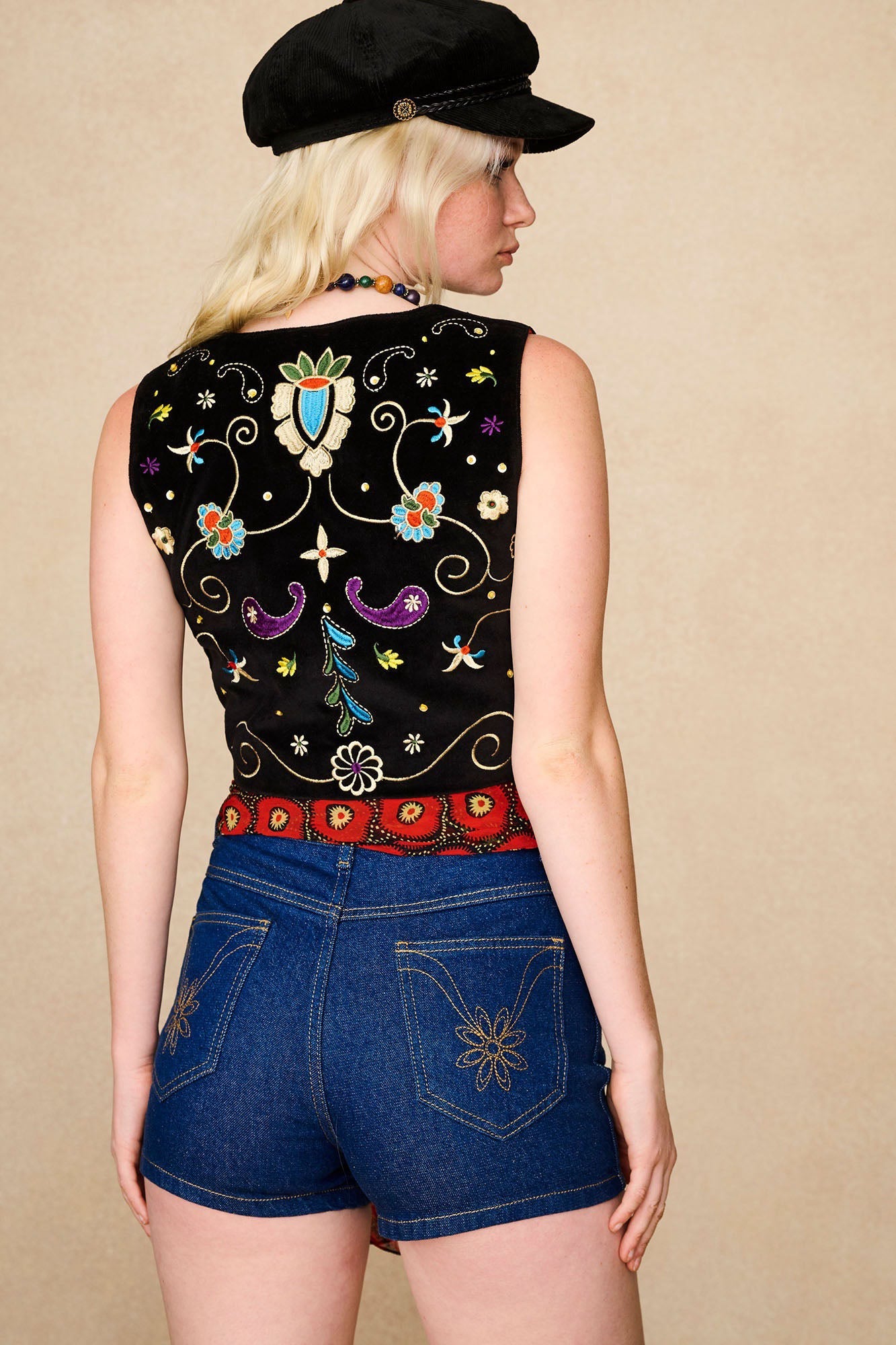 Aria Velvet Embroidered Vest – Black
