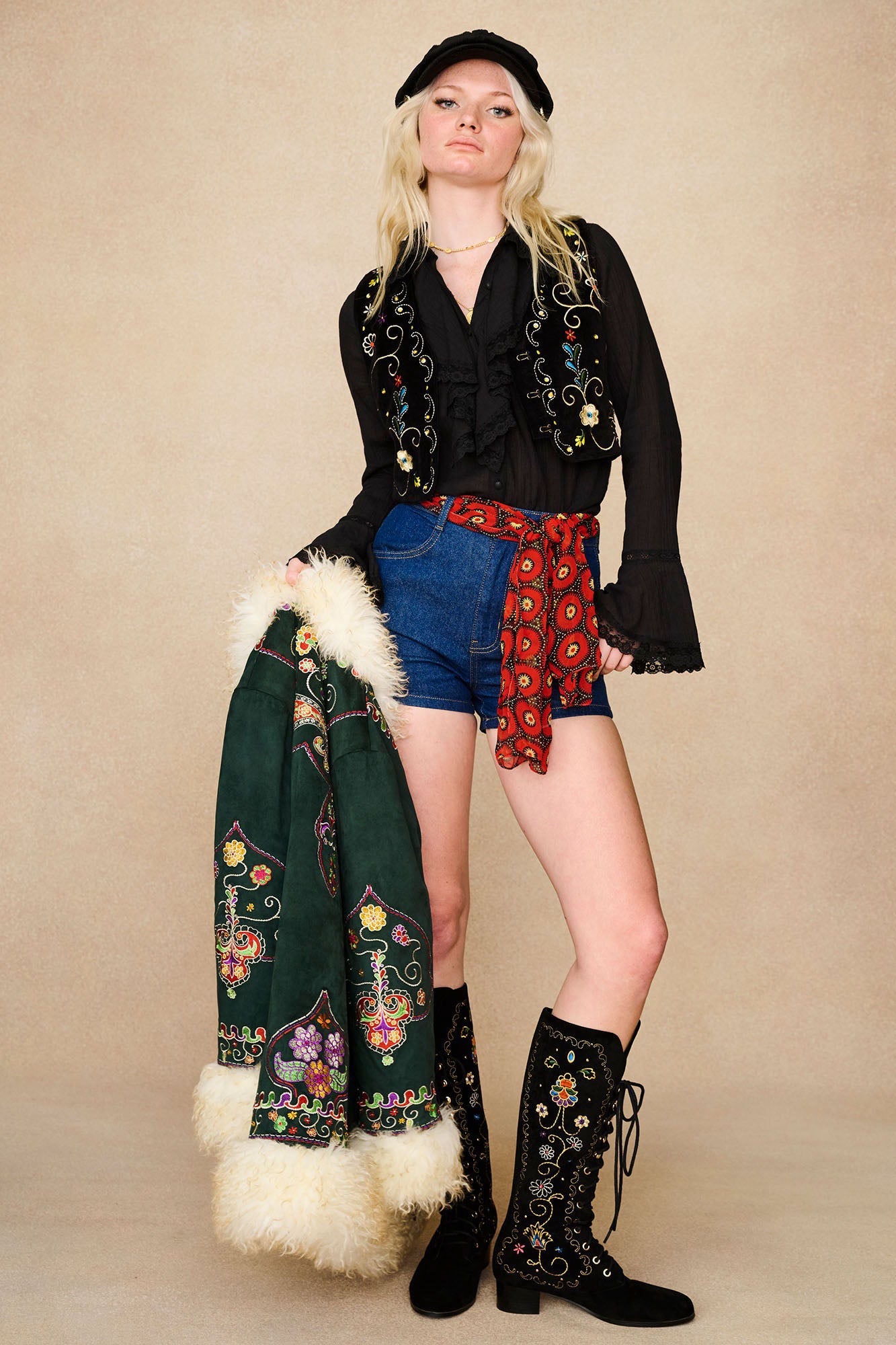 Aria Velvet Embroidered Vest – Black