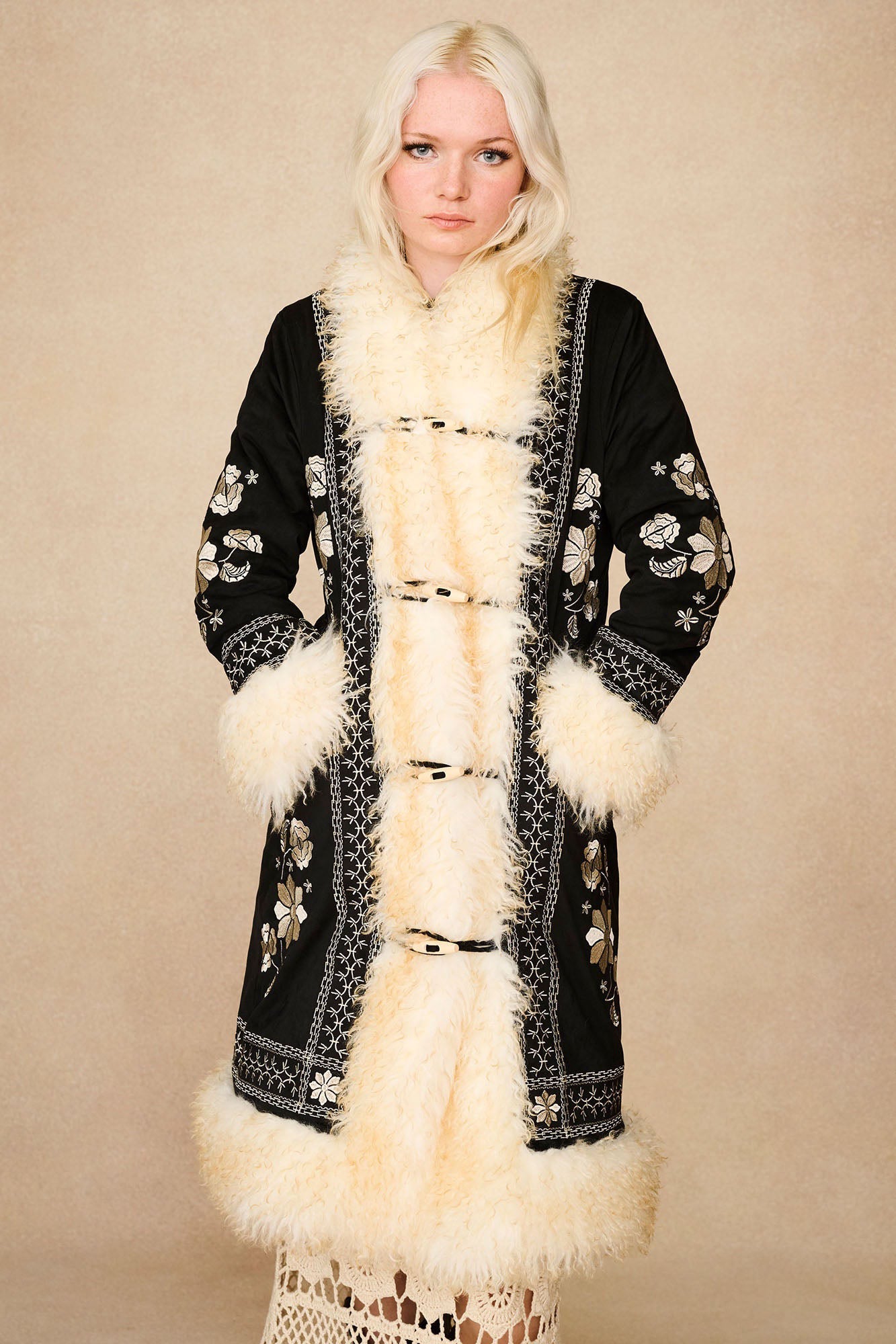 Breaking Hearts Embroidered Long Penny Lane Coat – Black