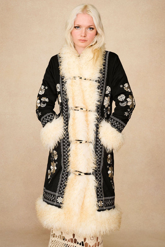 Breaking Hearts Embroidered Long Penny Lane Coat – Black