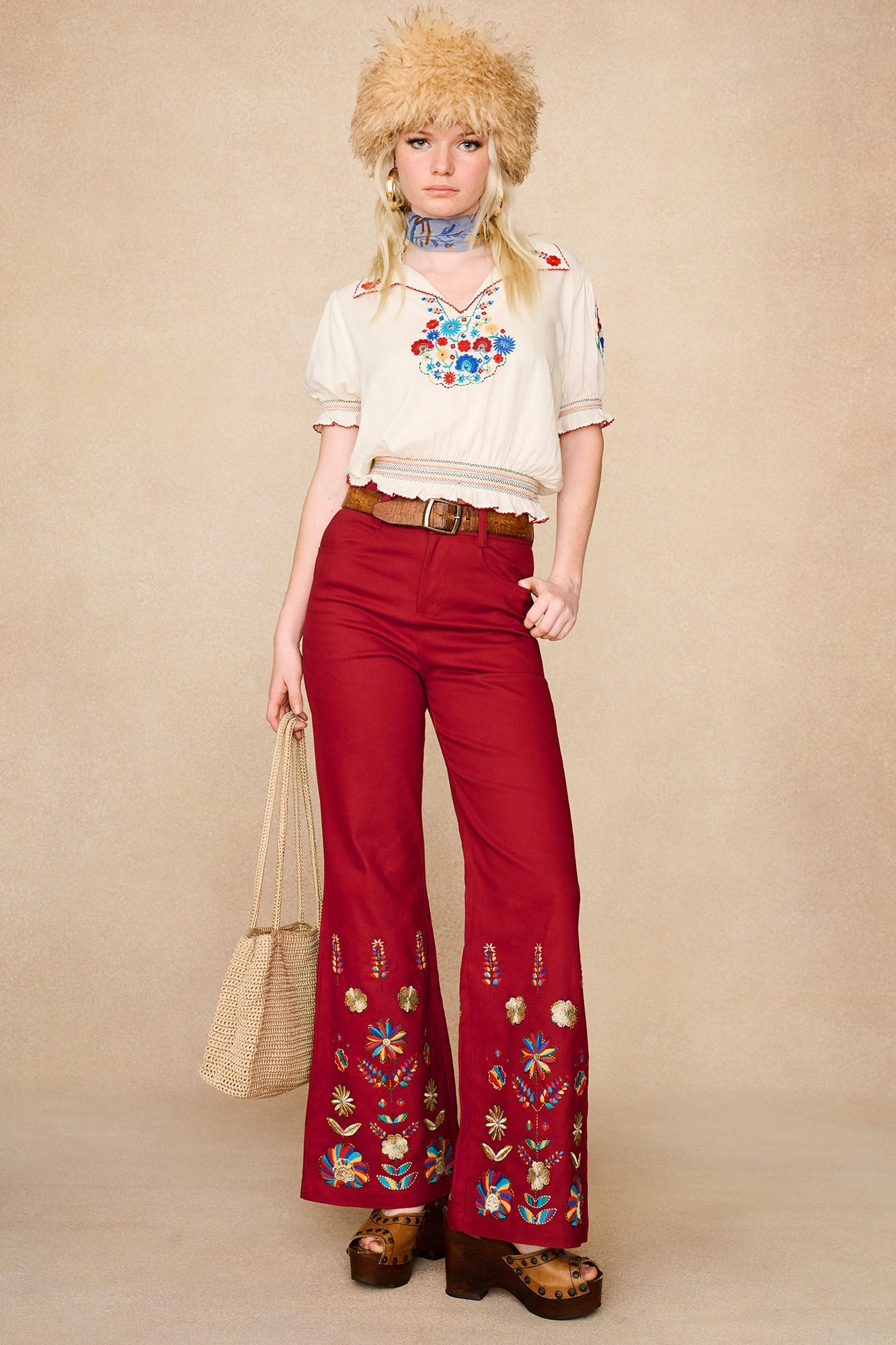 Crimson Echo Embroidered Flared Trousers – Red