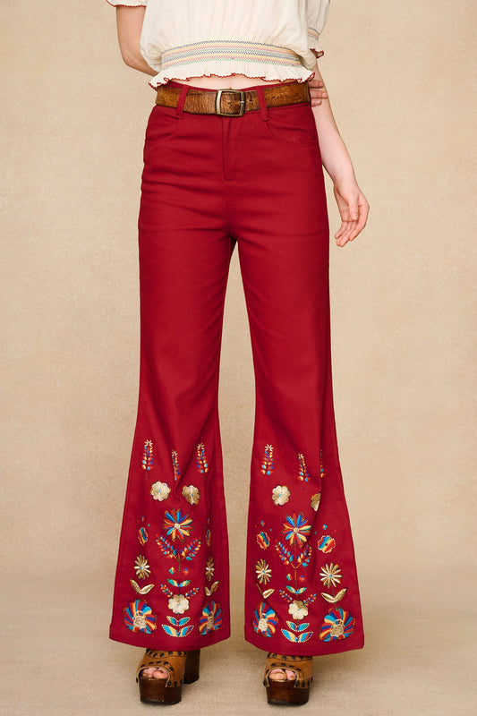 Crimson Echo Embroidered Flared Trousers – Red