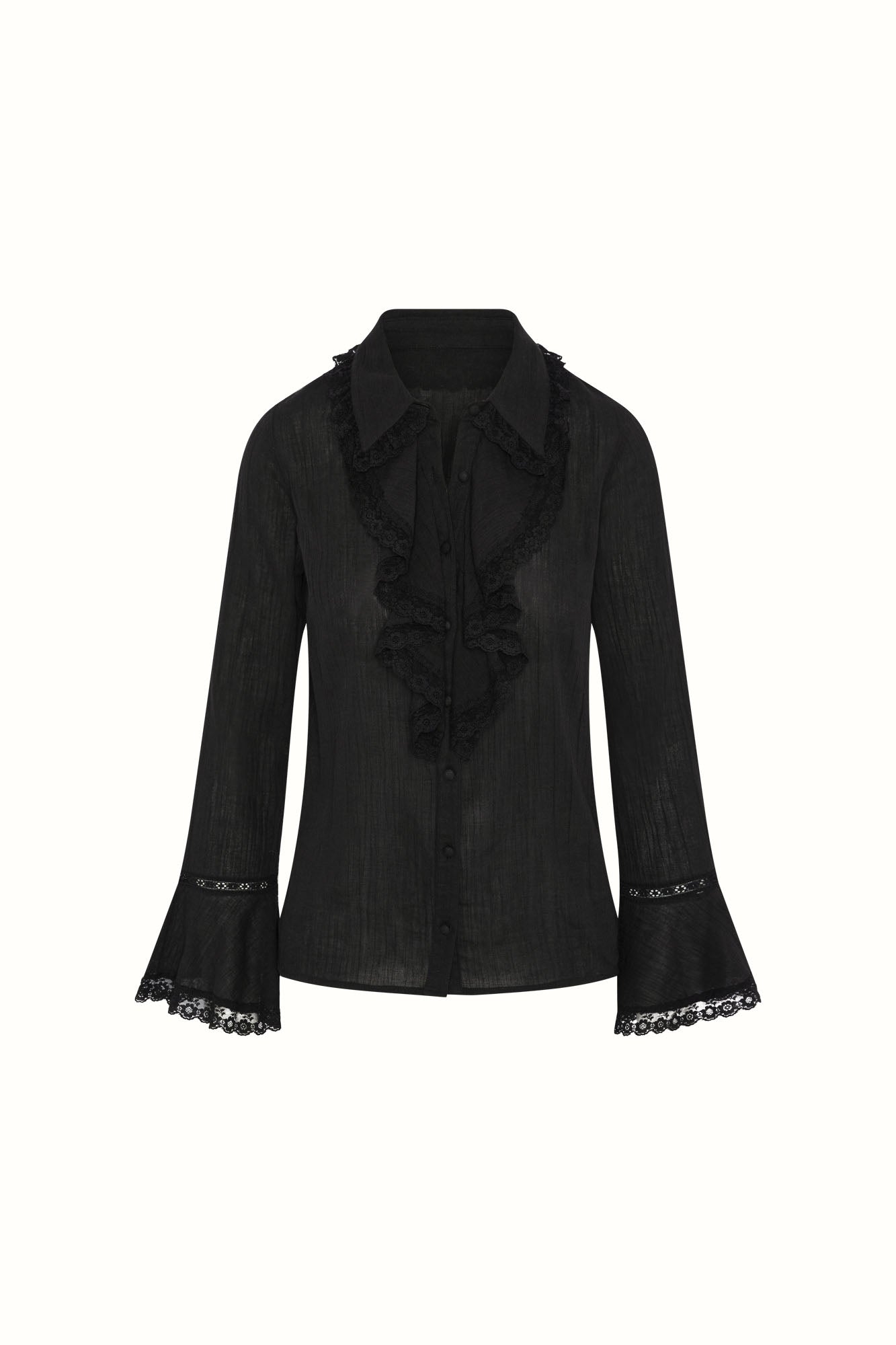 Storyteller Lace Trim Ruffle Blouse – Black