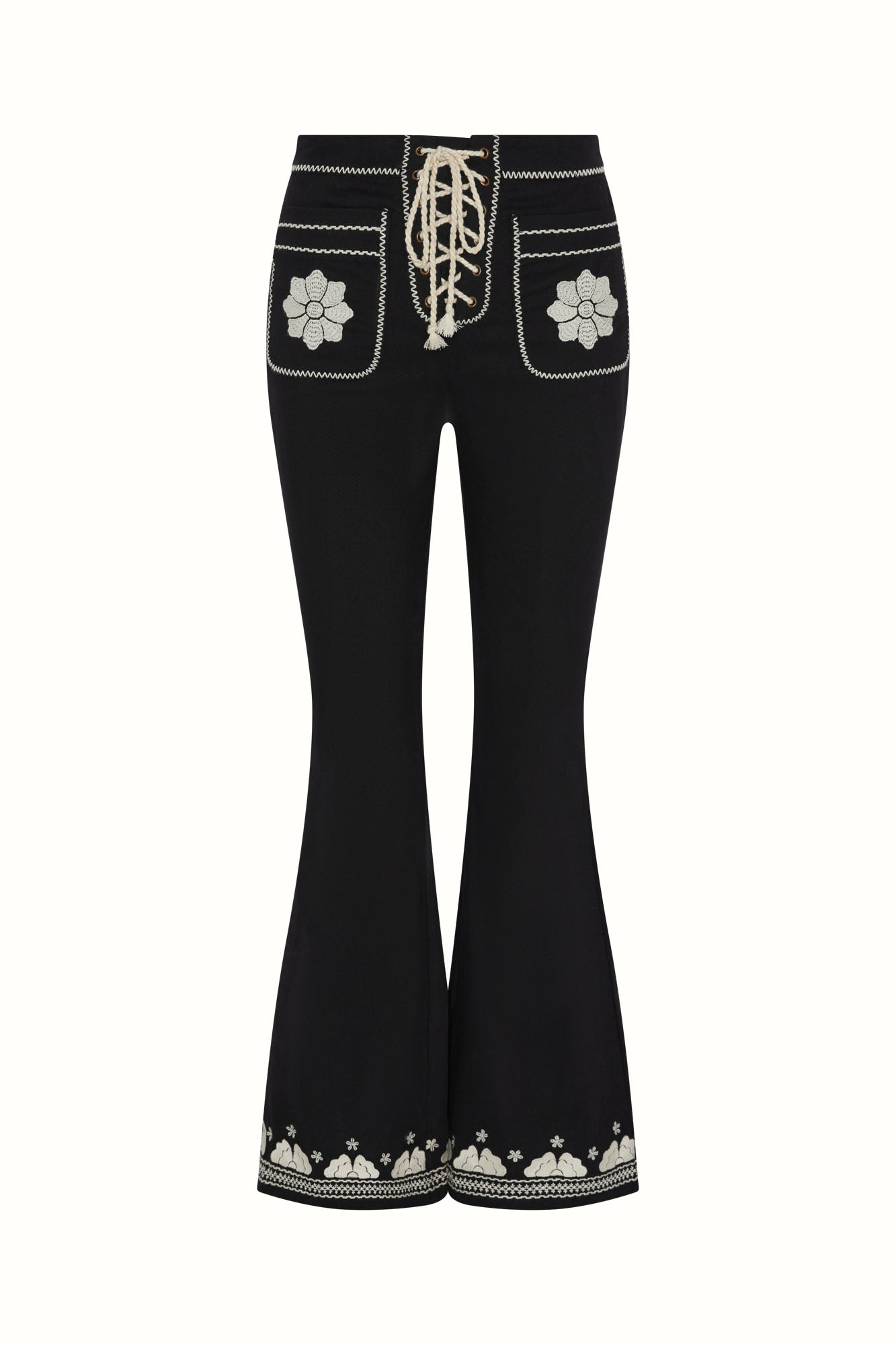 Shadow Bloom Embroidered Flared Trousers – Black