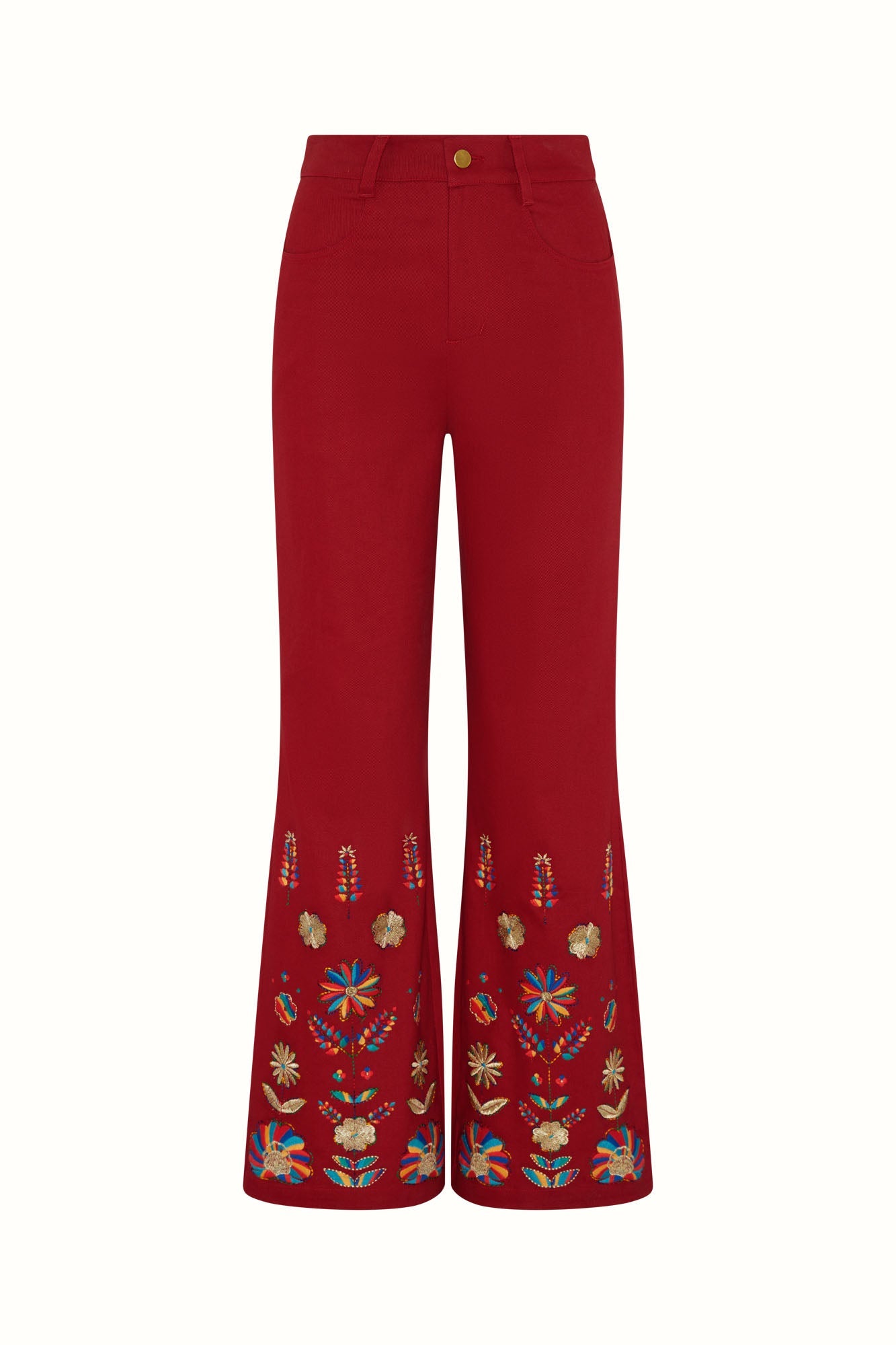 Crimson Echo Embroidered Flared Trousers – Red