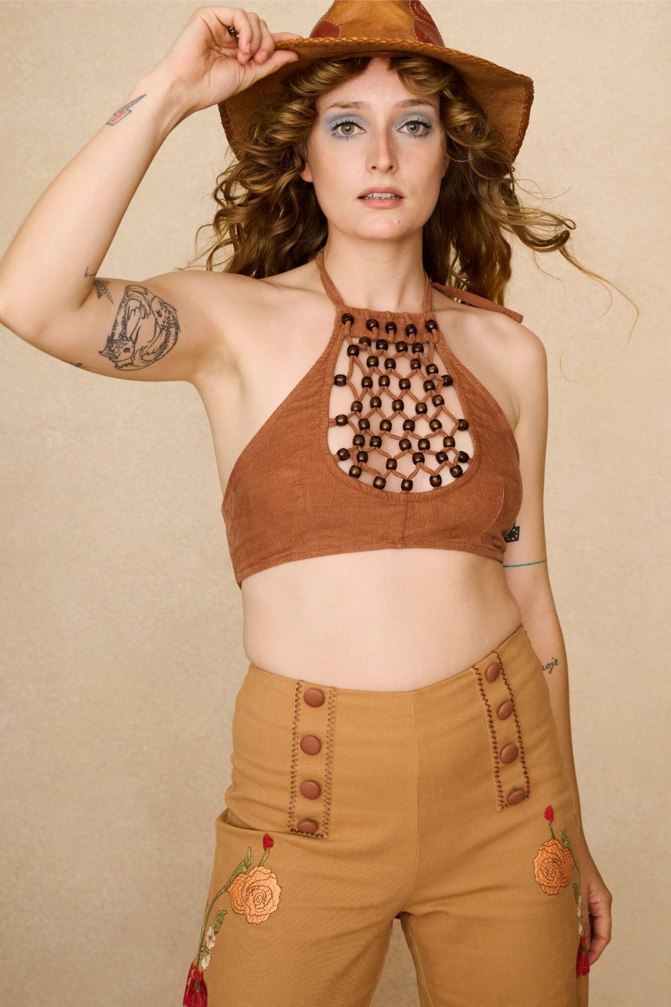 Amber Lane Beaded Halterneck Top – Brown