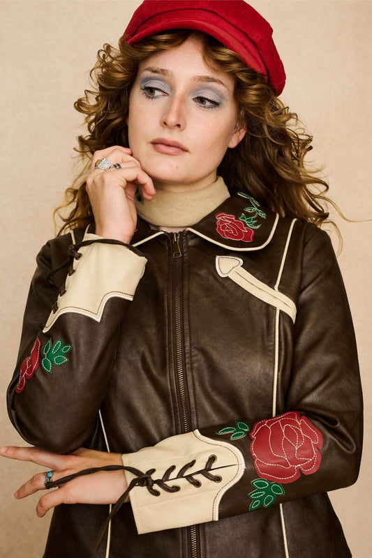 Autumn Bloom Brown Faux Leather Jacket – Floral