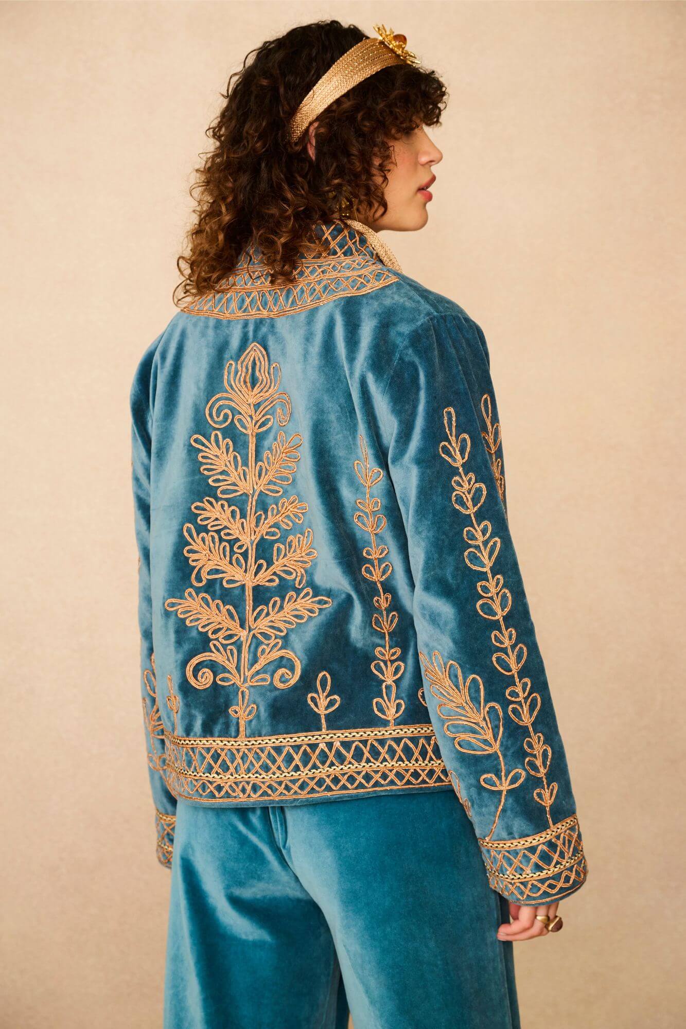 Azure Teal Velvet Embroidered Jacket