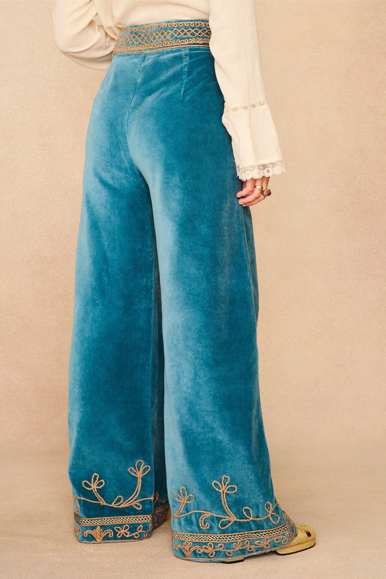 Azure Teal Velvet Embroidered Trousers