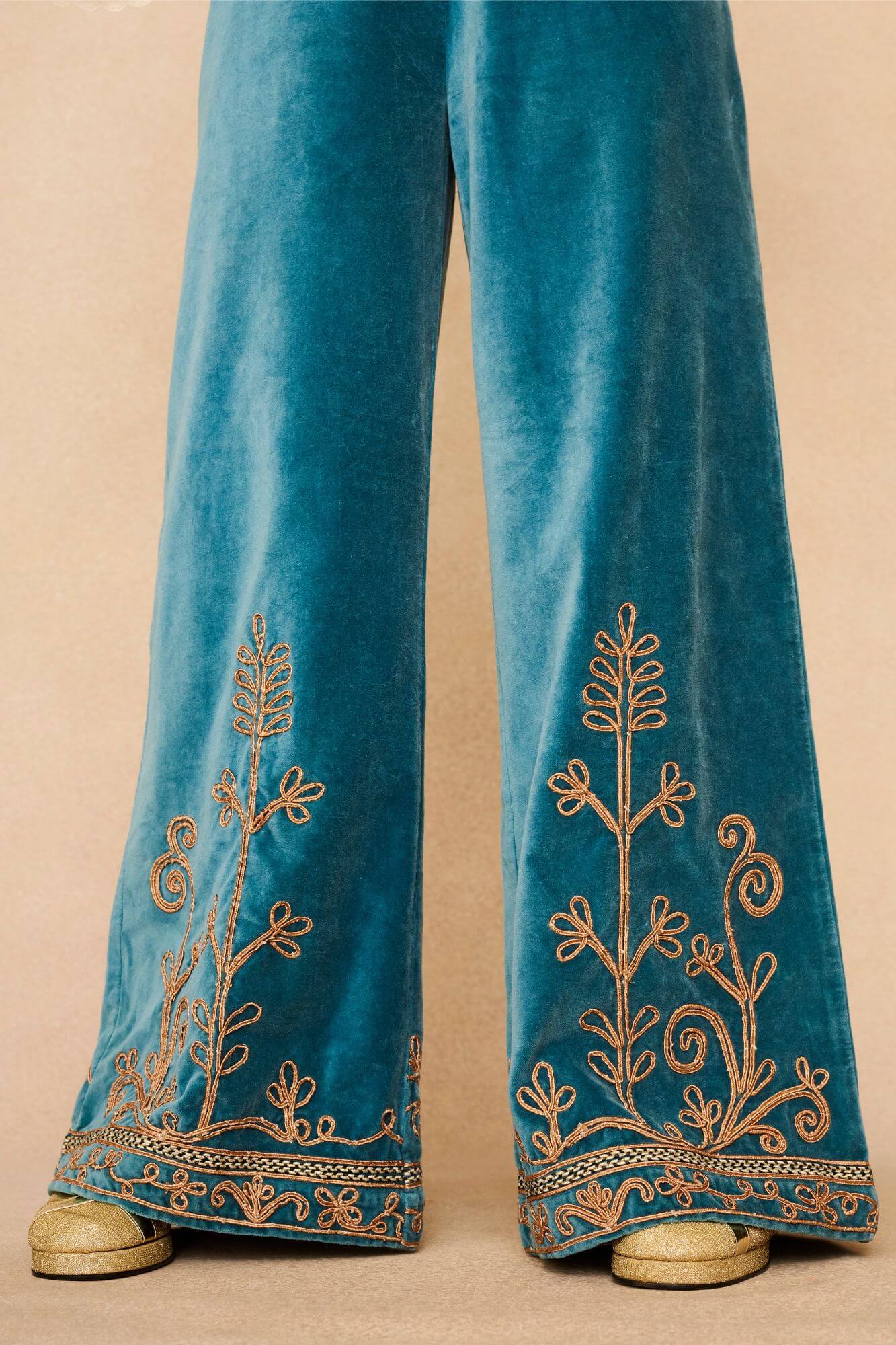 Azure Teal Velvet Embroidered Trousers