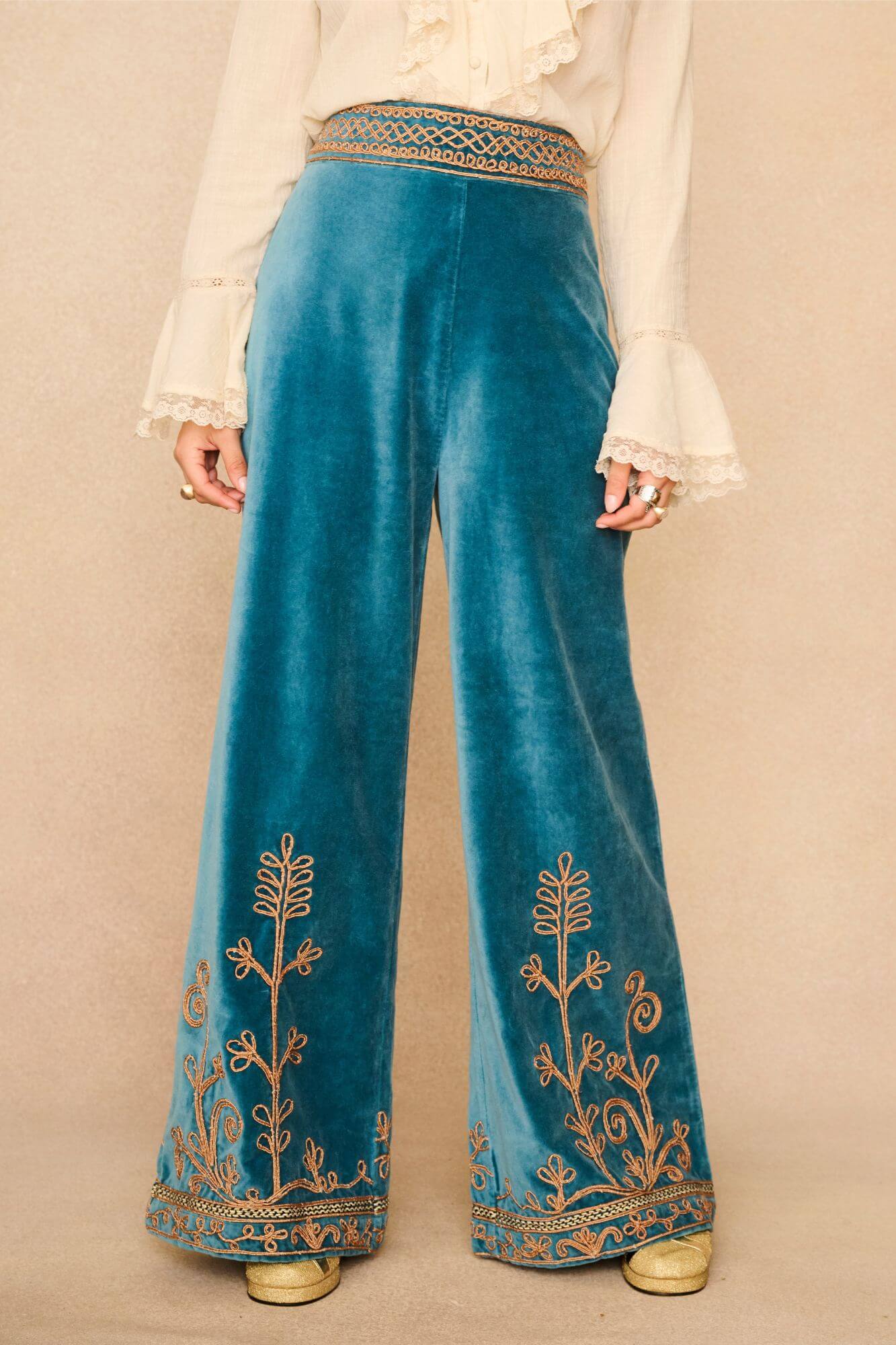 Azure Teal Velvet Embroidered Trousers
