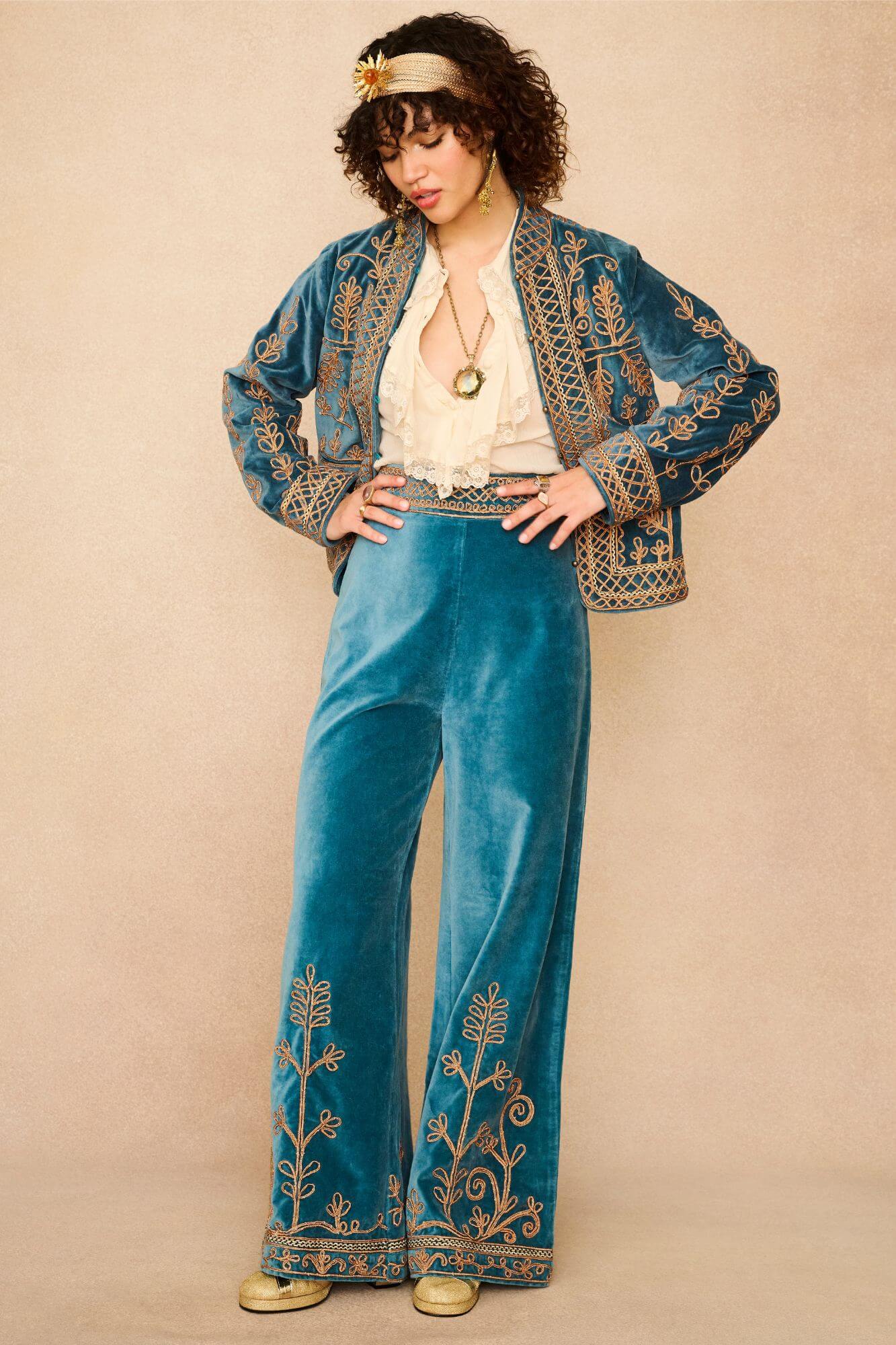 Azure Teal Velvet Embroidered Trousers
