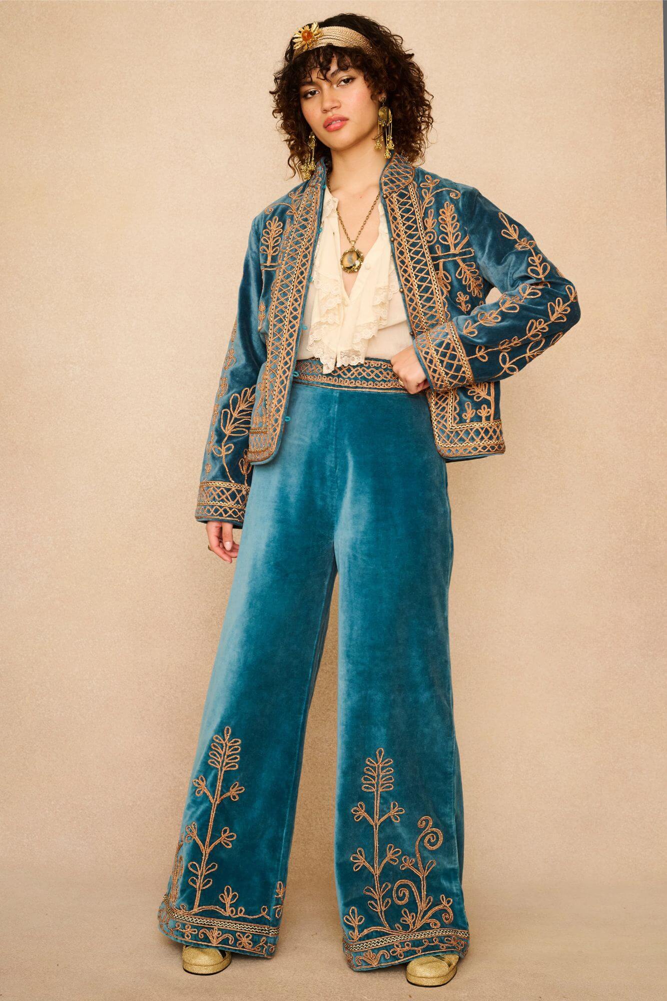 Azure Teal Velvet Embroidered Jacket