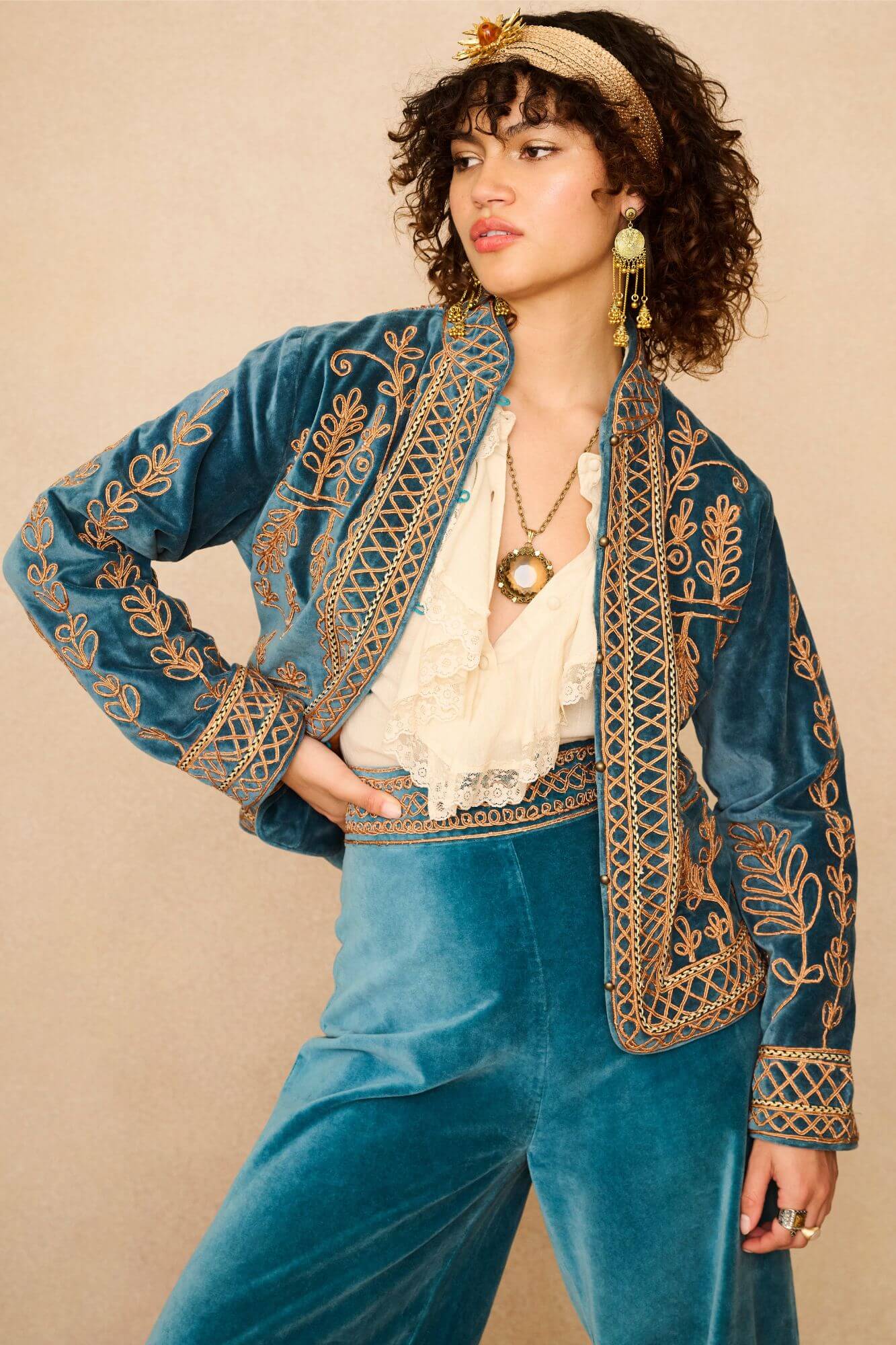 Azure Teal Velvet Embroidered Jacket