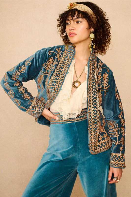 Azure Teal Velvet Embroidered Jacket