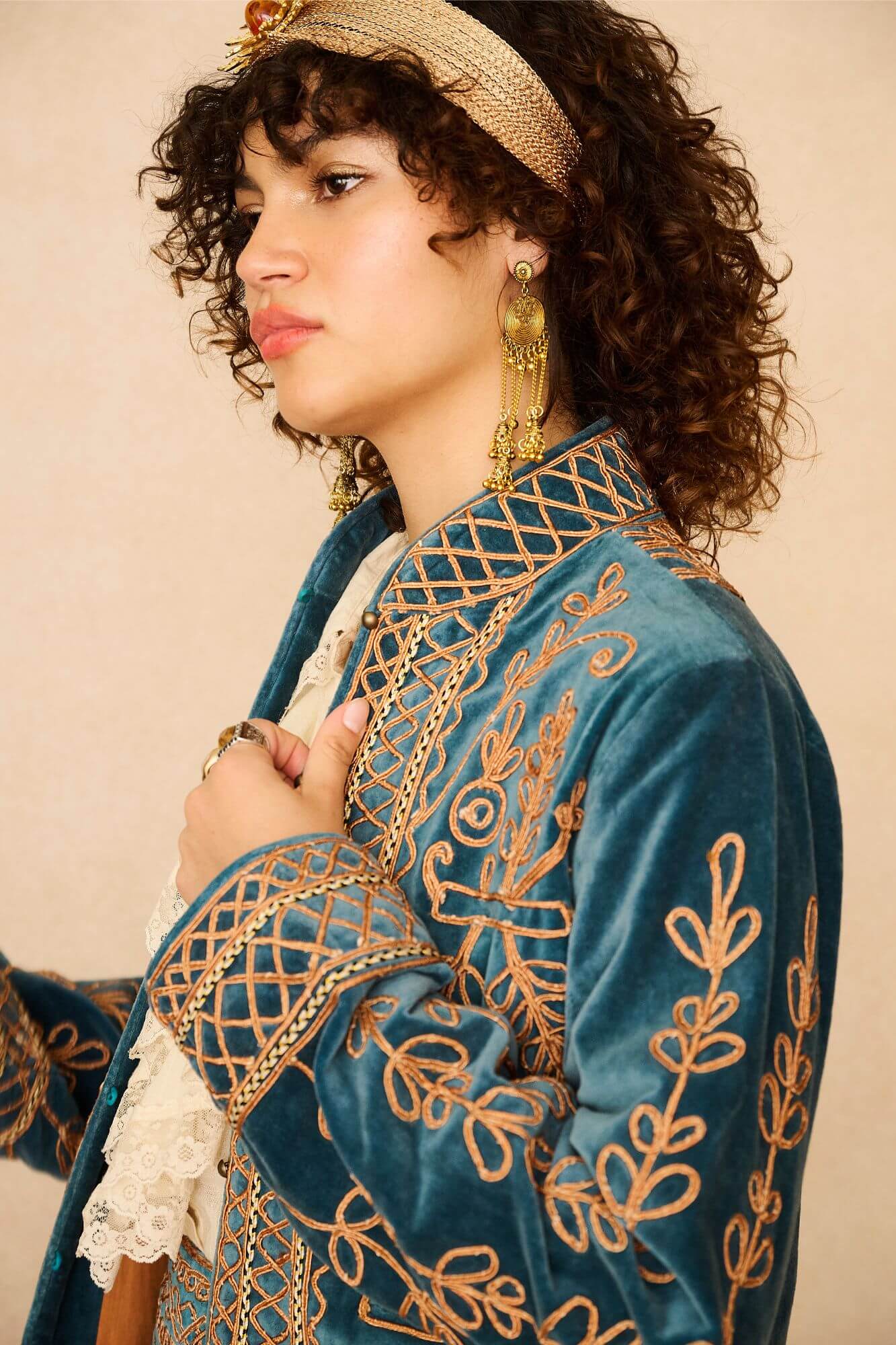 Azure Teal Velvet Embroidered Jacket