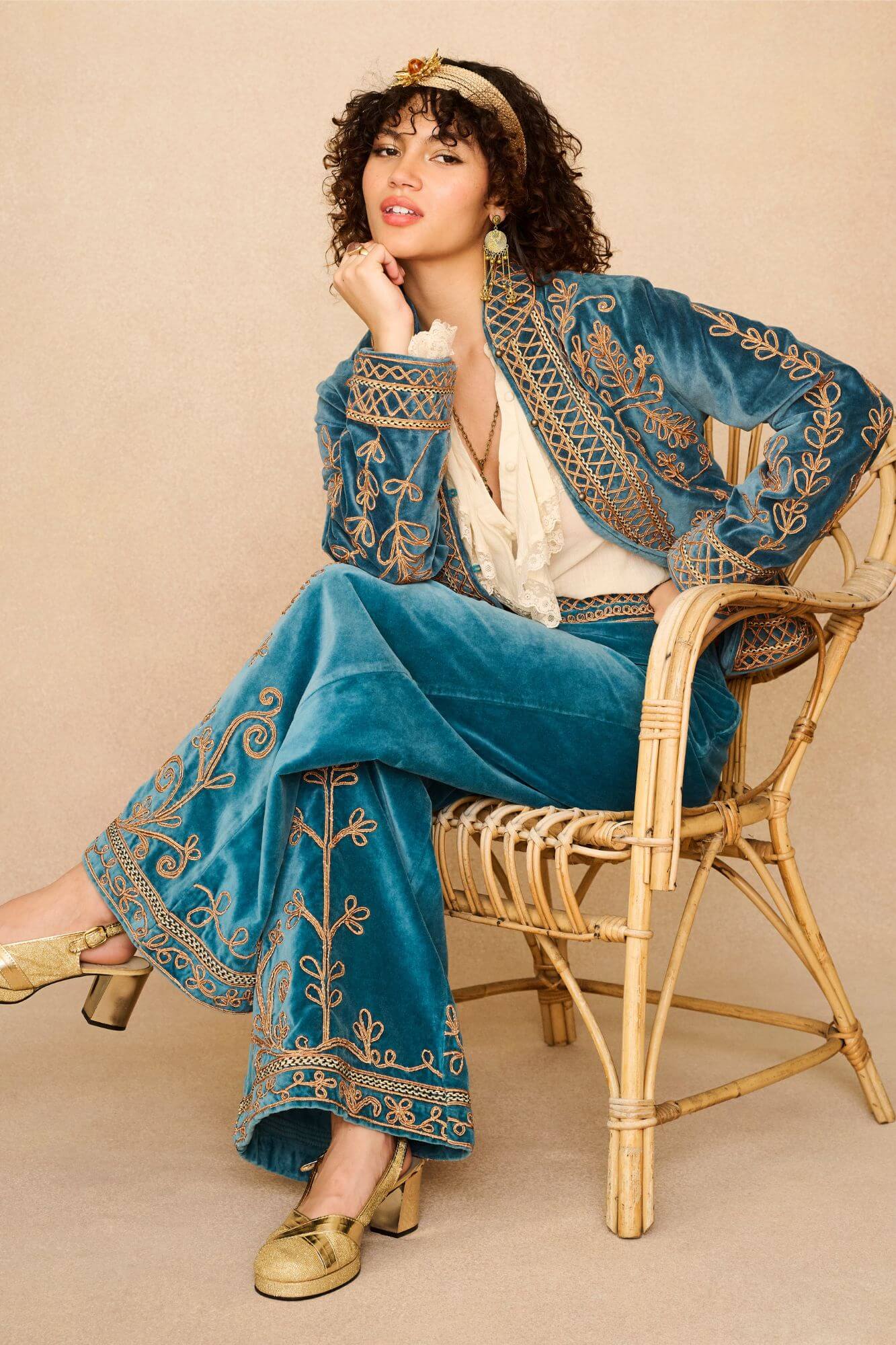 Azure Teal Velvet Embroidered Trousers