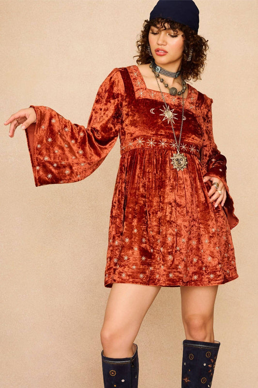 Constellation Velvet Embroidered Mini Dress – Orange