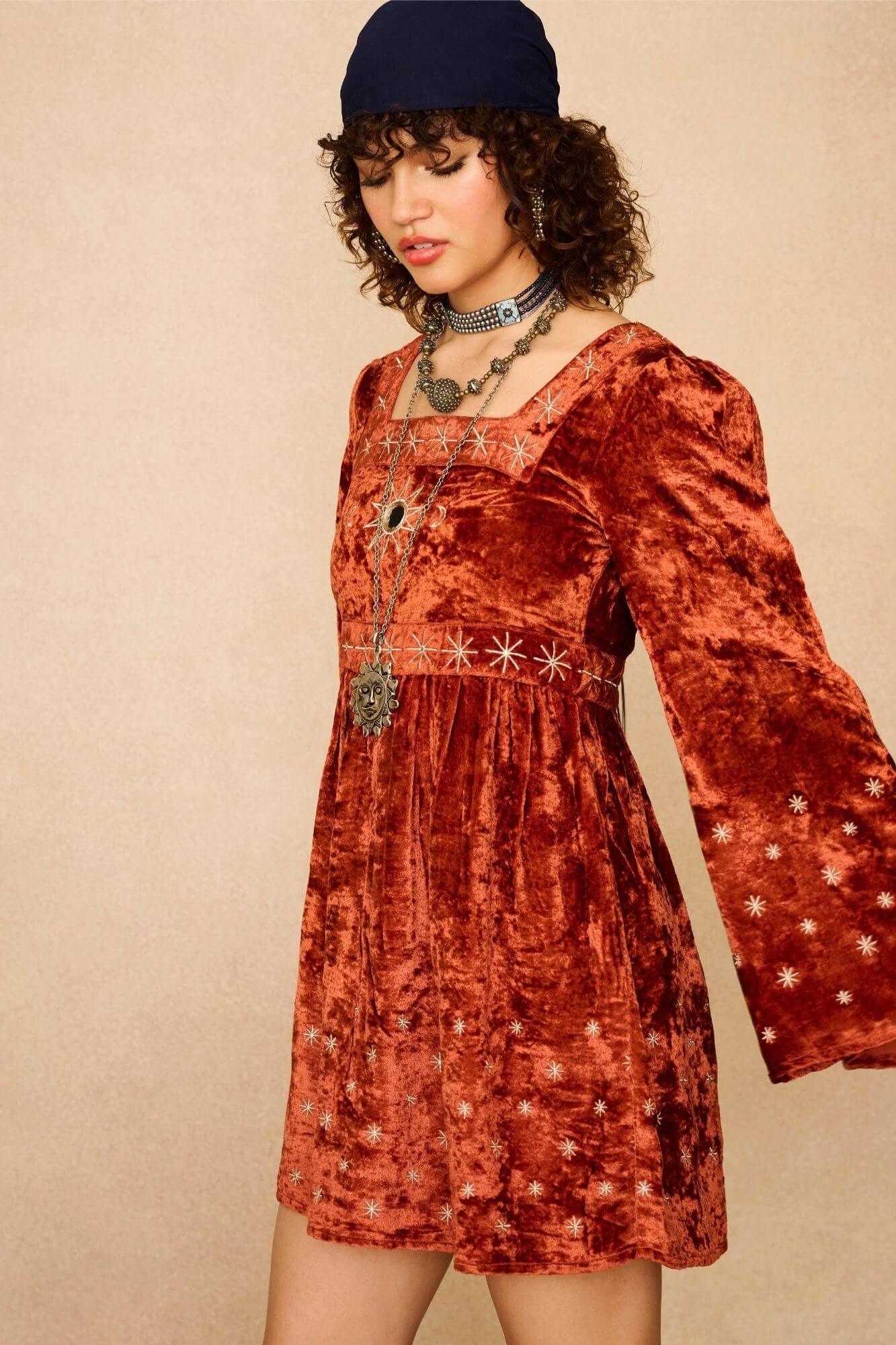 Constellation Velvet Embroidered Mini Dress – Orange