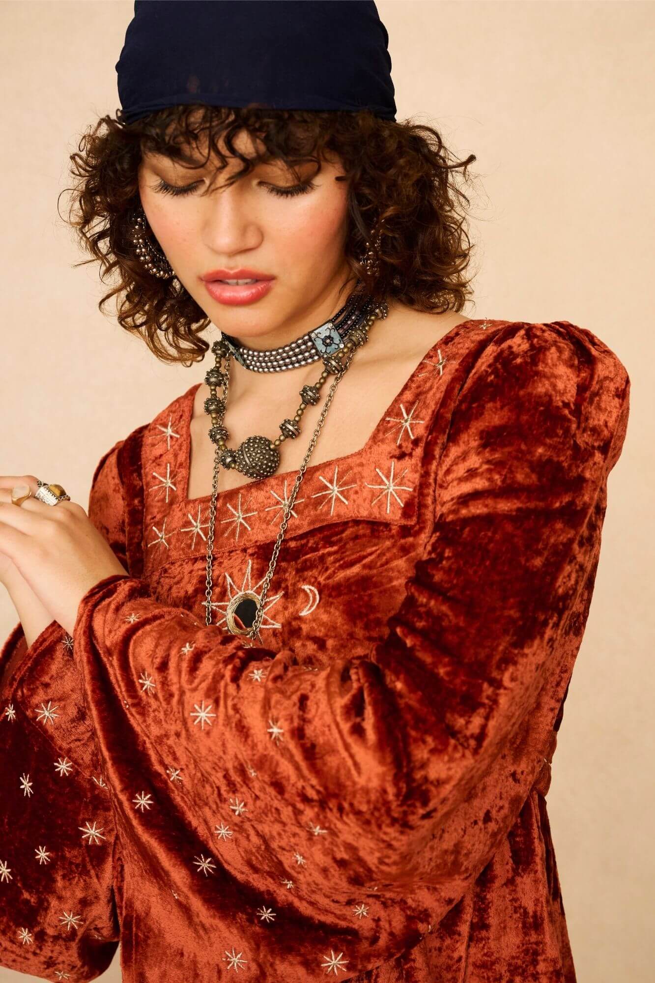 Constellation Velvet Embroidered Mini Dress – Orange