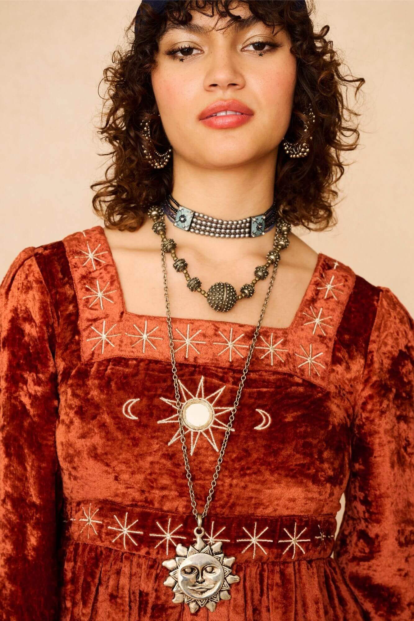 Constellation Velvet Embroidered Mini Dress – Orange