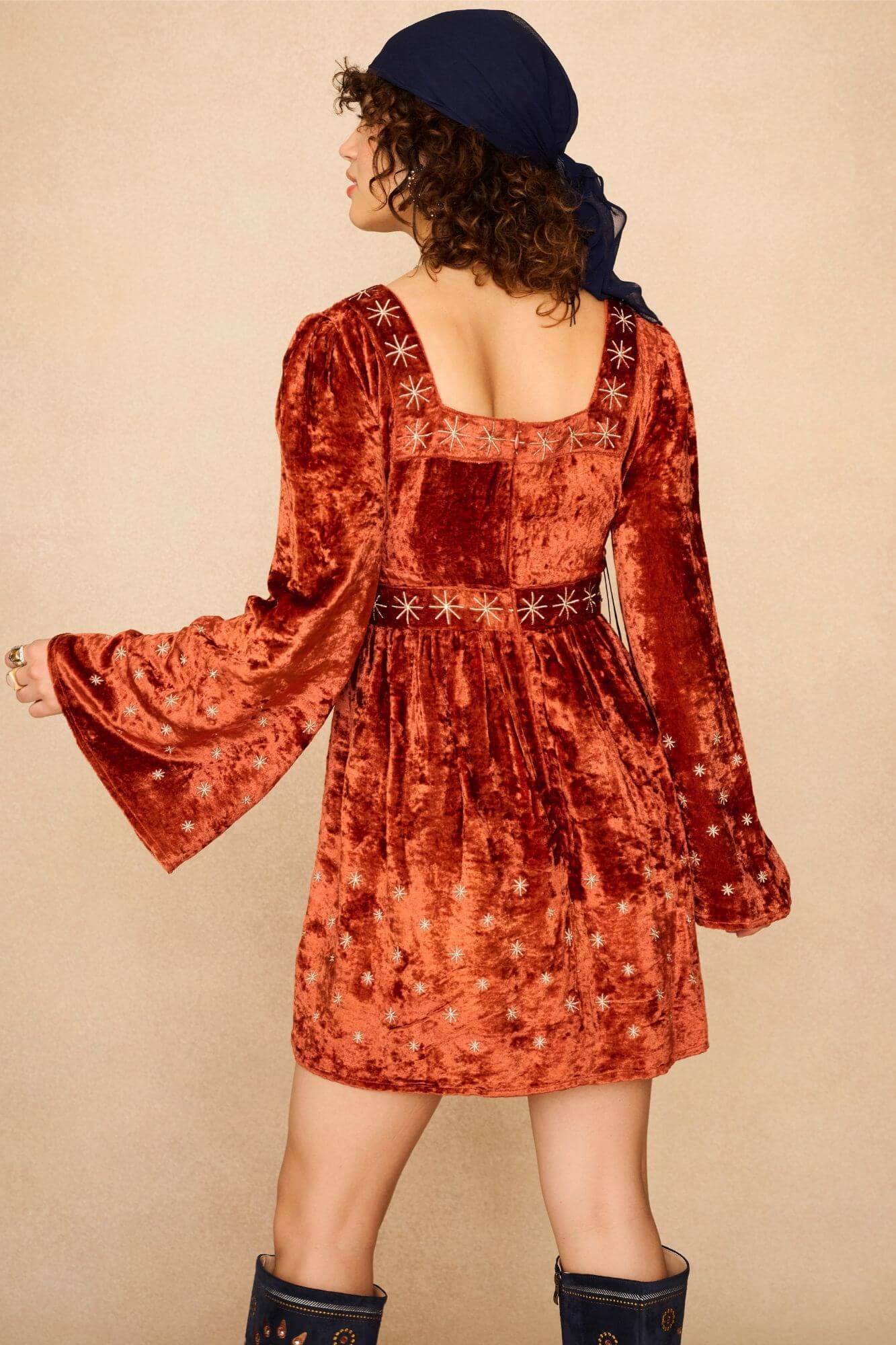 Constellation Velvet Embroidered Mini Dress – Orange