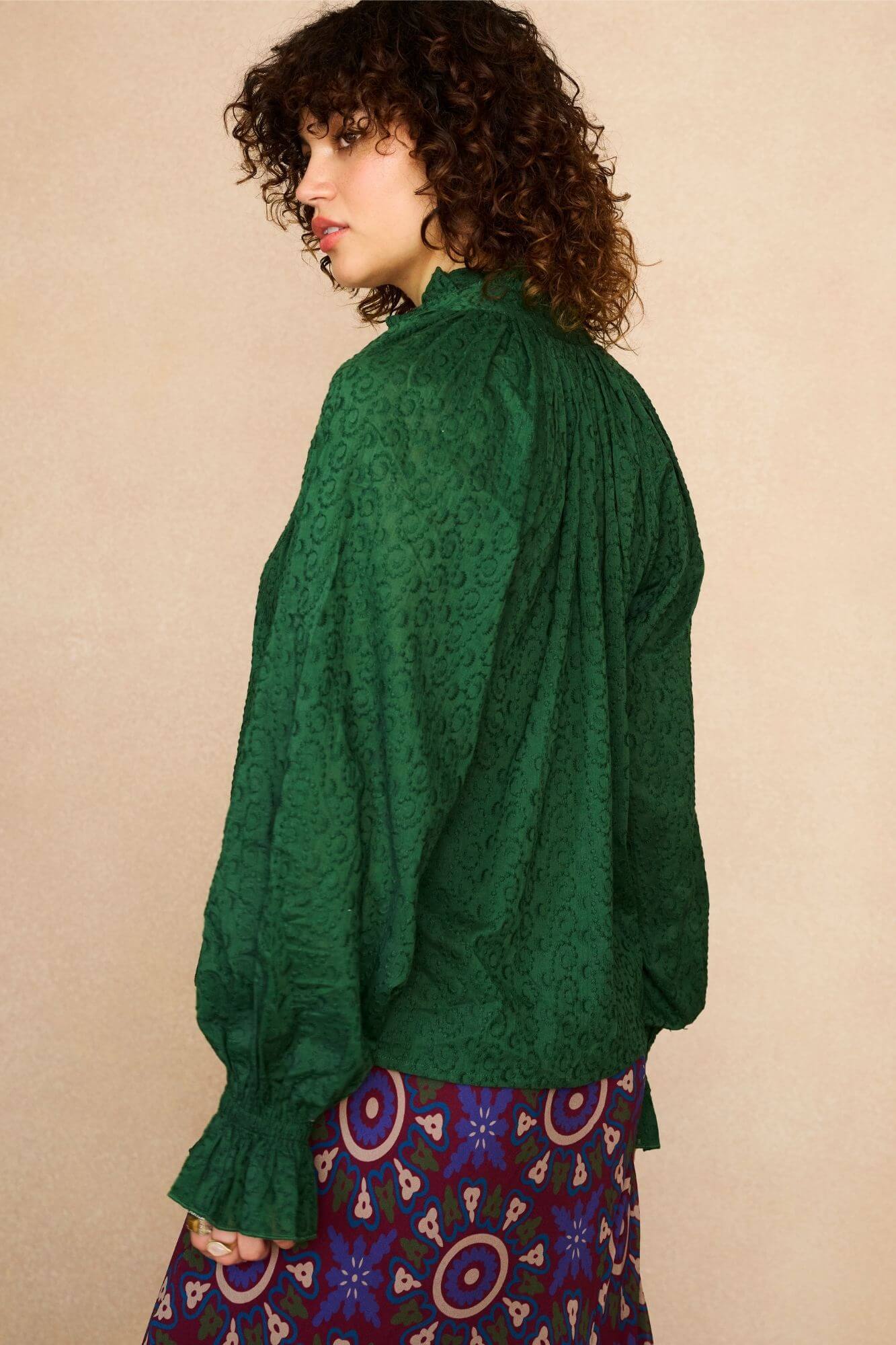 Emerald High Neck Embroidered Blouse – Green