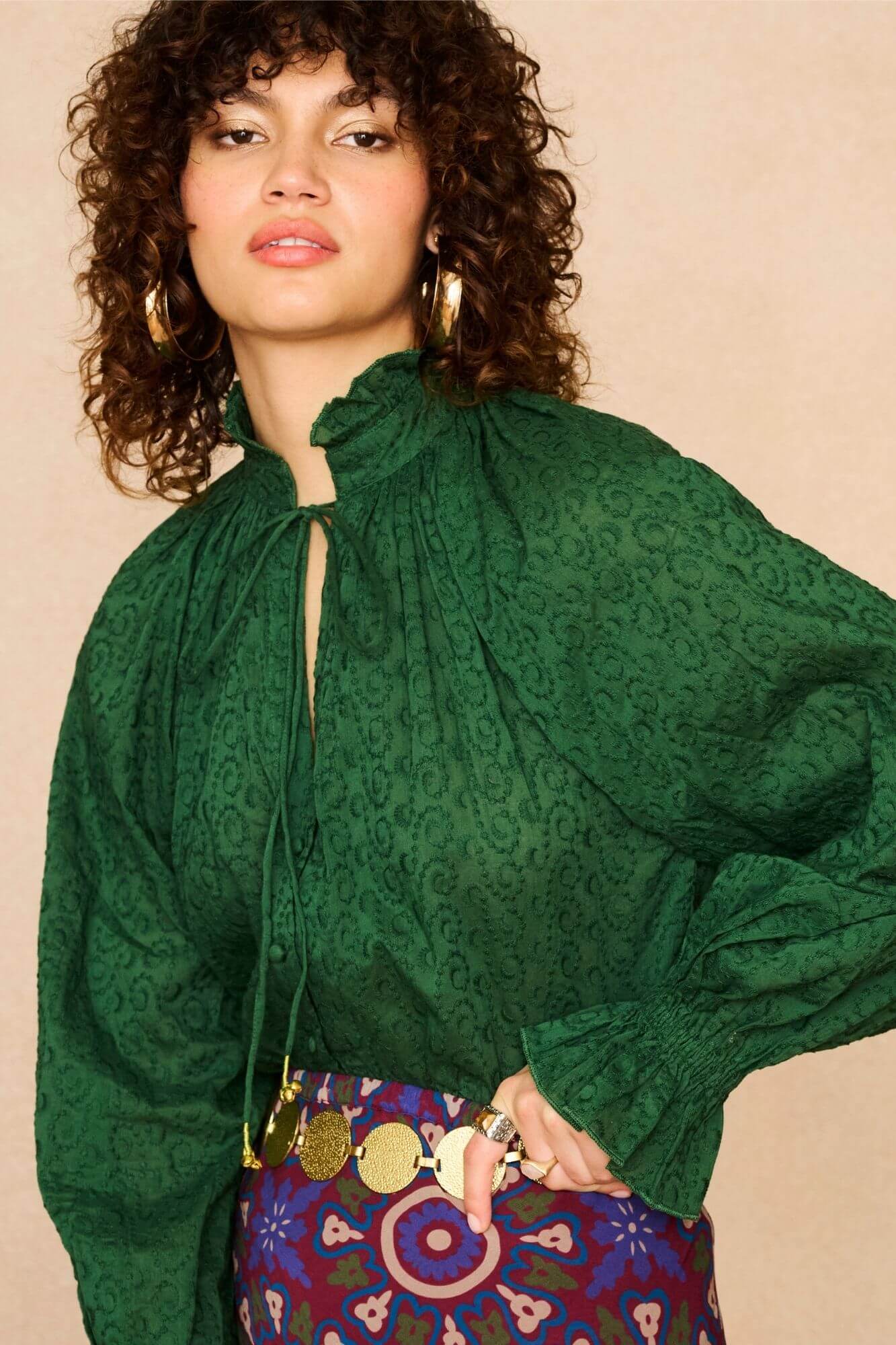 Emerald High Neck Embroidered Blouse – Green