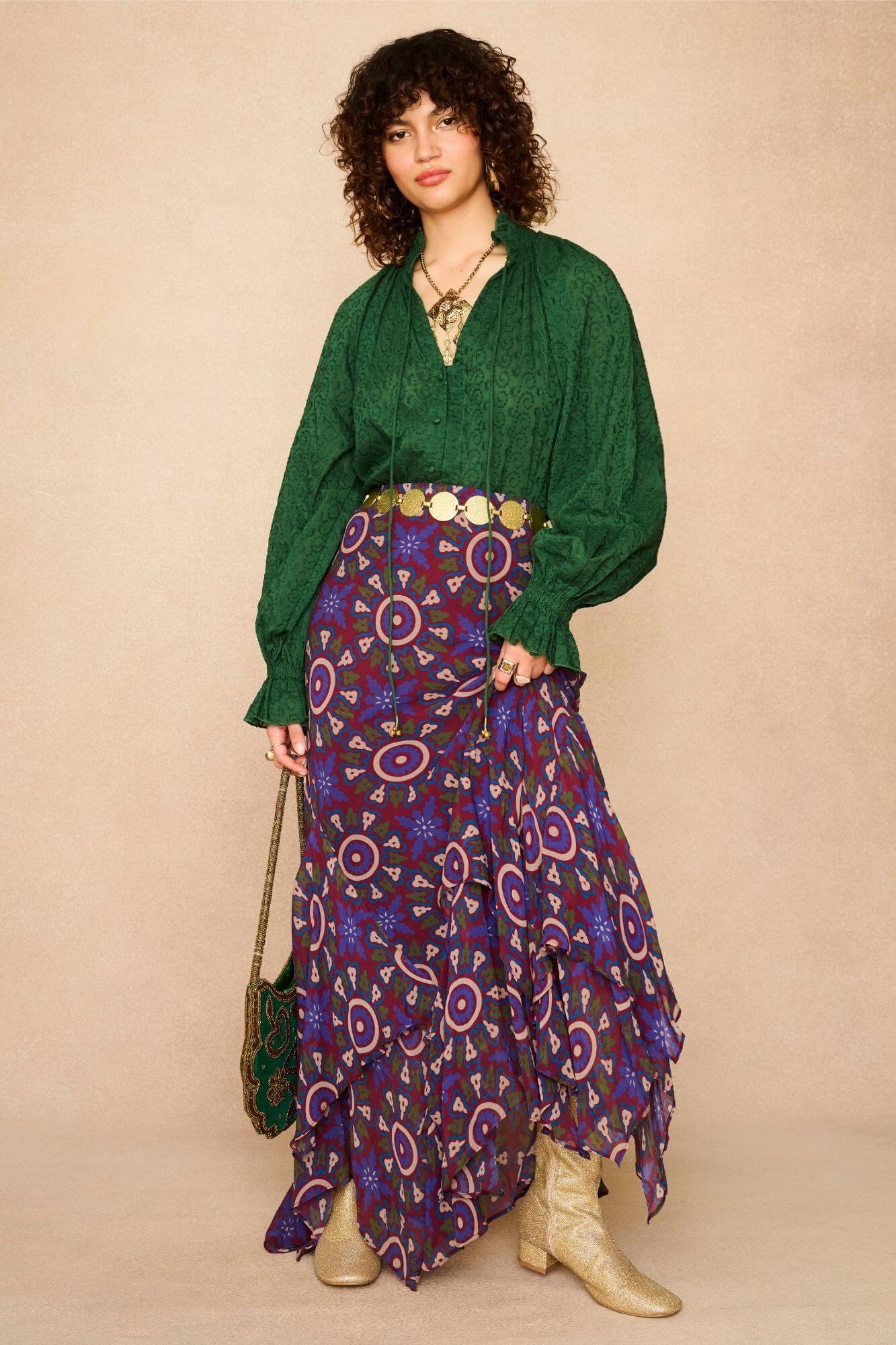 Emerald High Neck Embroidered Blouse – Green