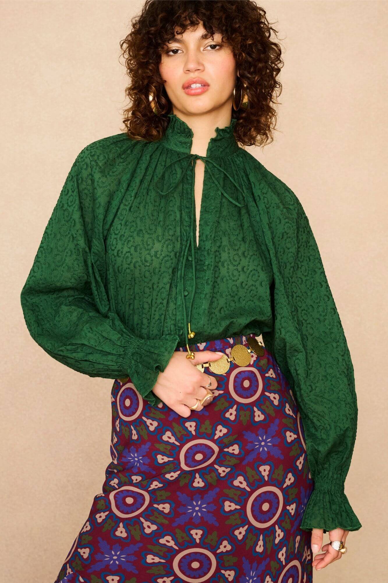 Emerald High Neck Embroidered Blouse – Green