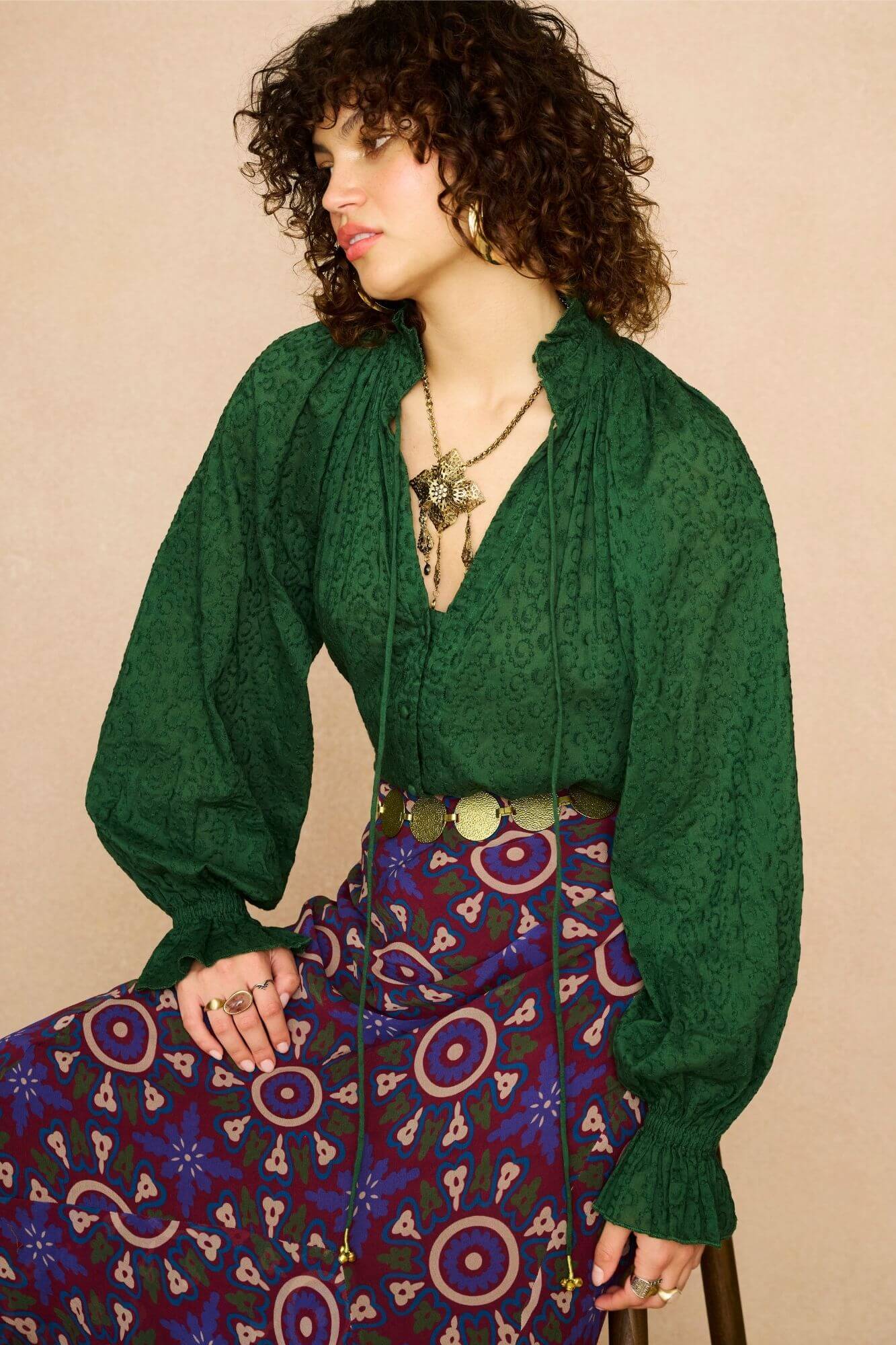 Emerald High Neck Embroidered Blouse – Green