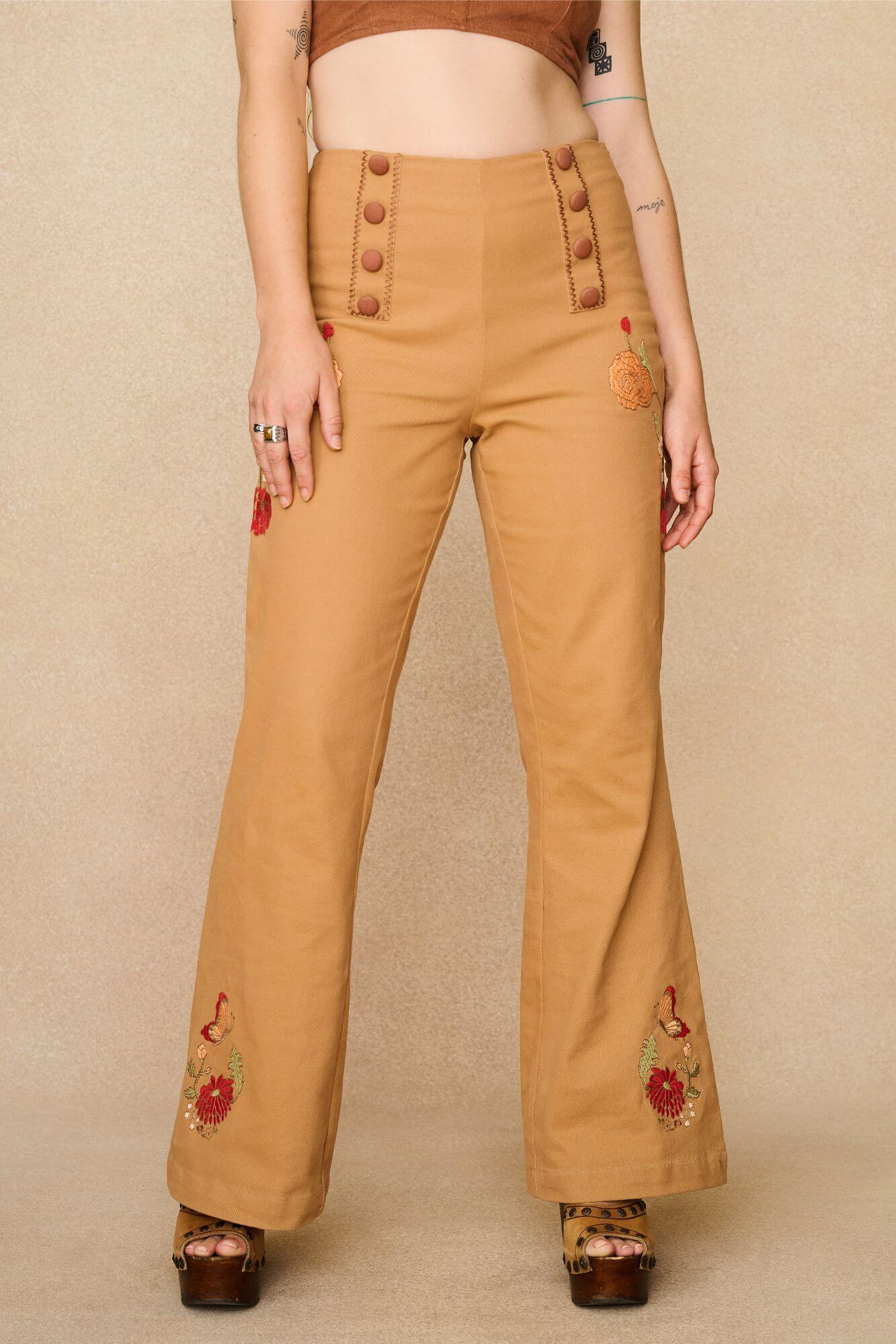 Folklore Whipstitch Embroidered Trousers – Brown