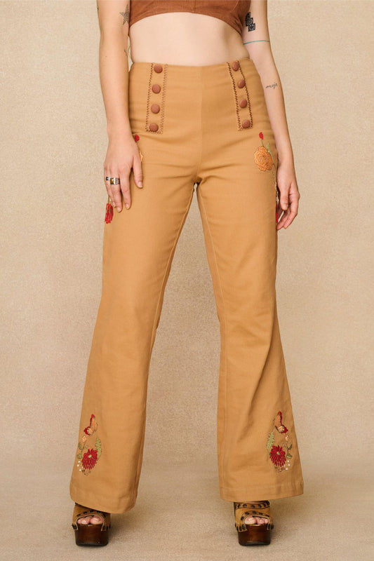 Folklore Whipstitch Embroidered Trousers – Brown