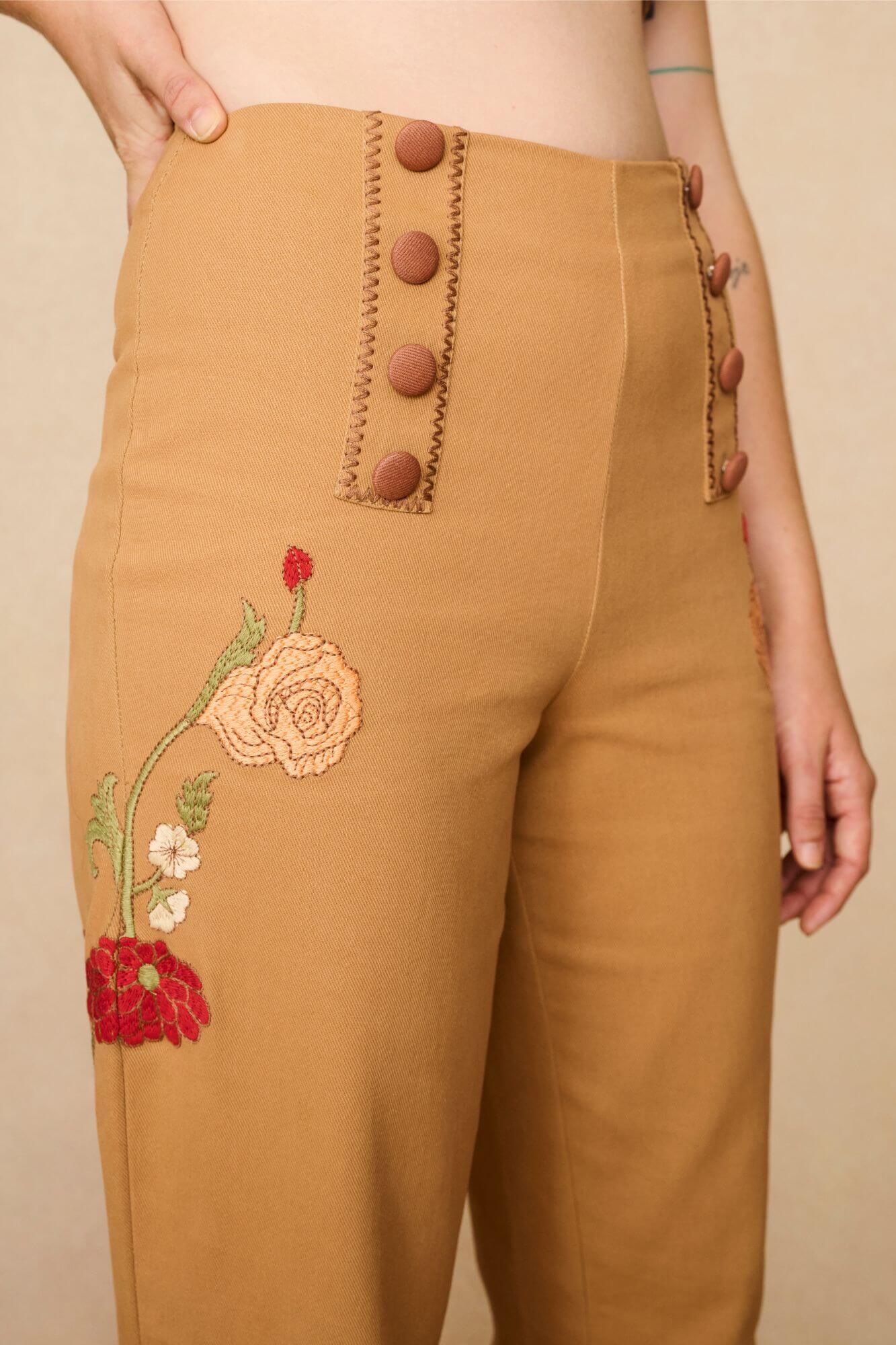 Folklore Whipstitch Embroidered Trousers – Brown