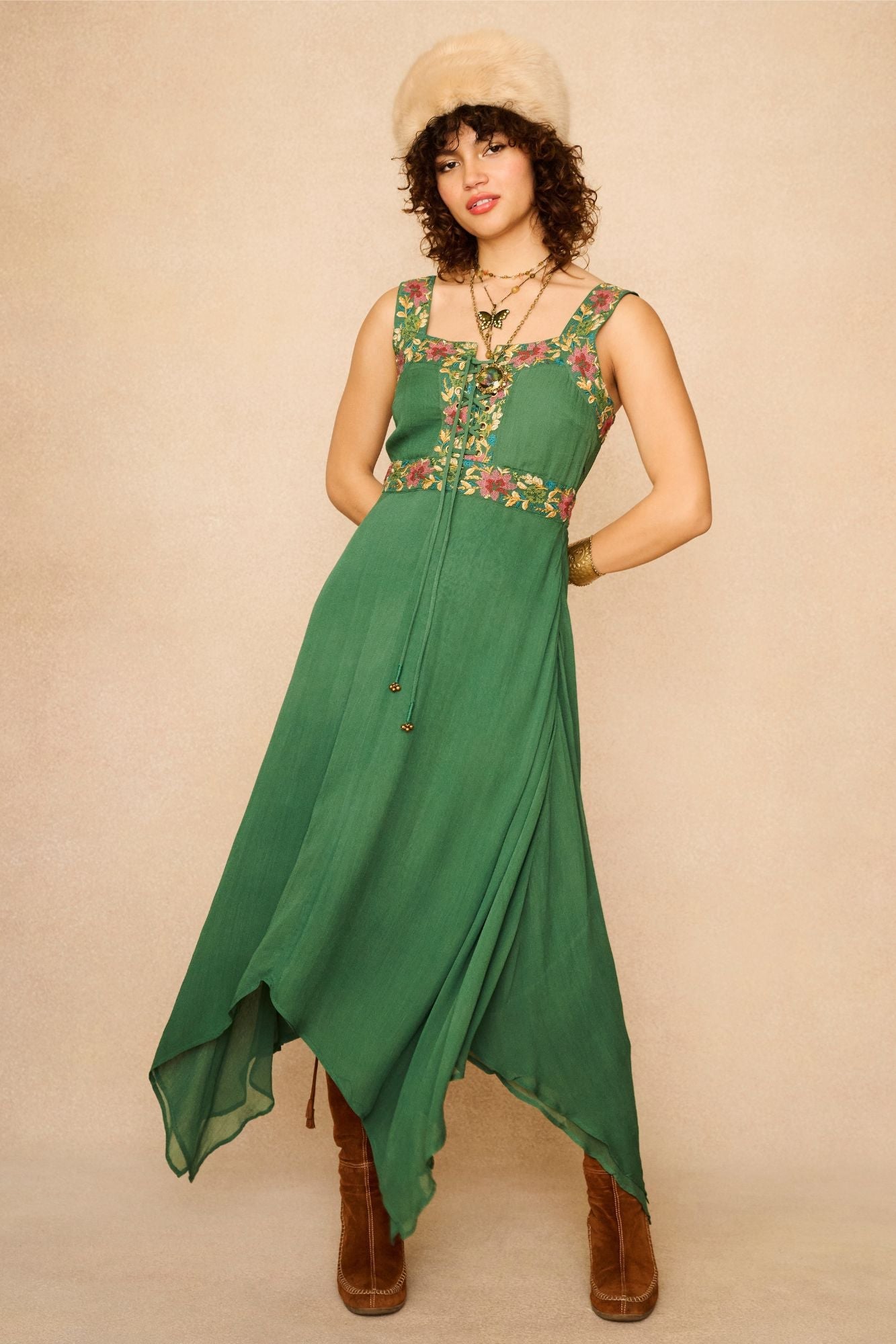 Forest Belle Green Trim Midi Dress – Floral