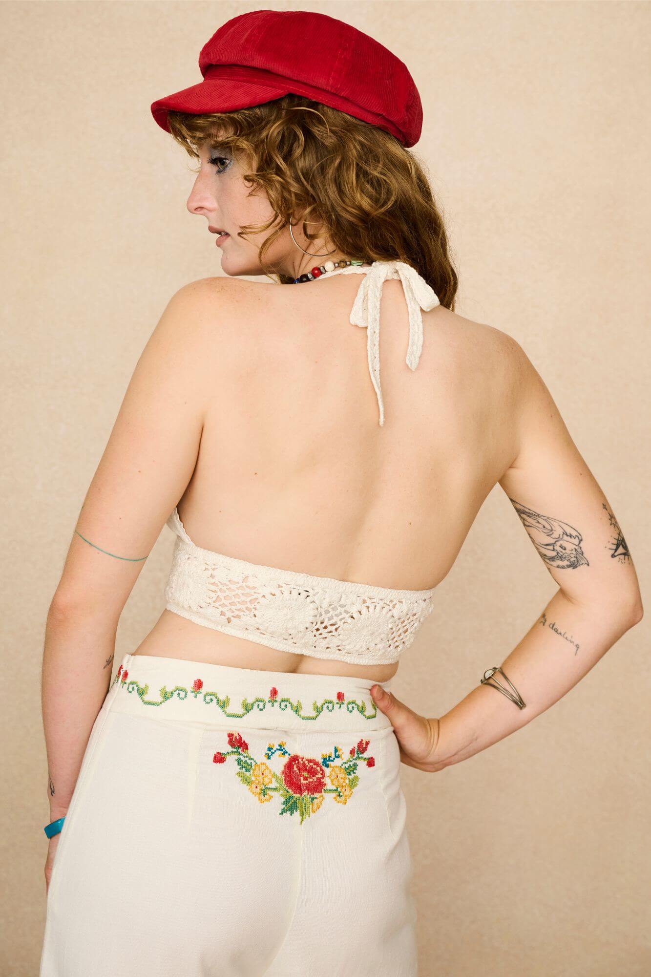 High Meadow Cross Stitch Halterneck Top – Cream