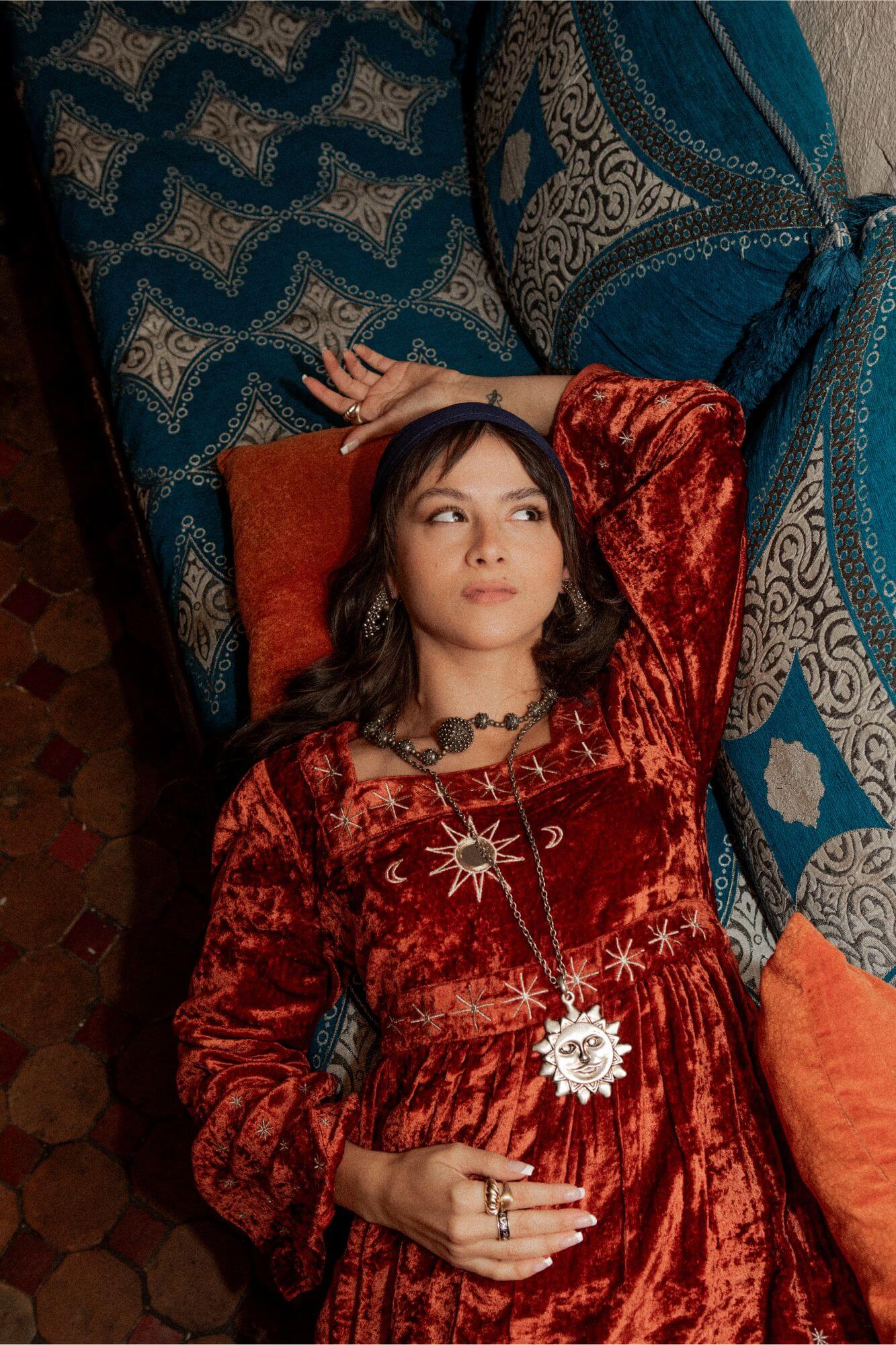 Constellation Velvet Embroidered Mini Dress – Orange