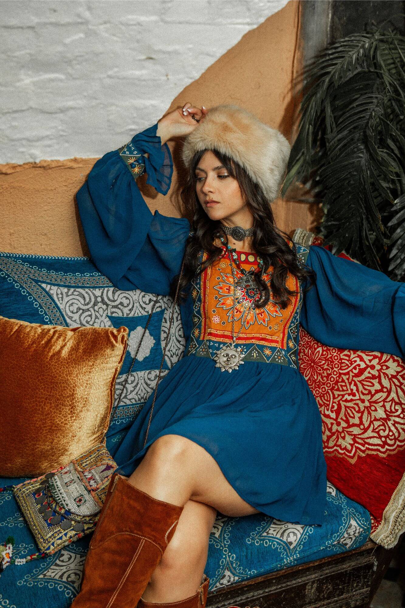 Aurora Sheer Embroidered Mini Dress – Blue