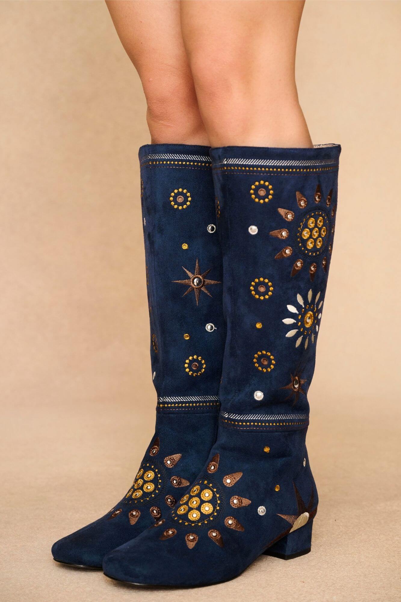 Midnight Embroidered Boots – Blue