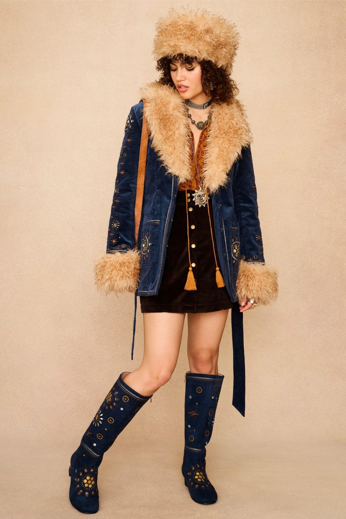 Midnight Embroidered Penny Lane Coat – Blue