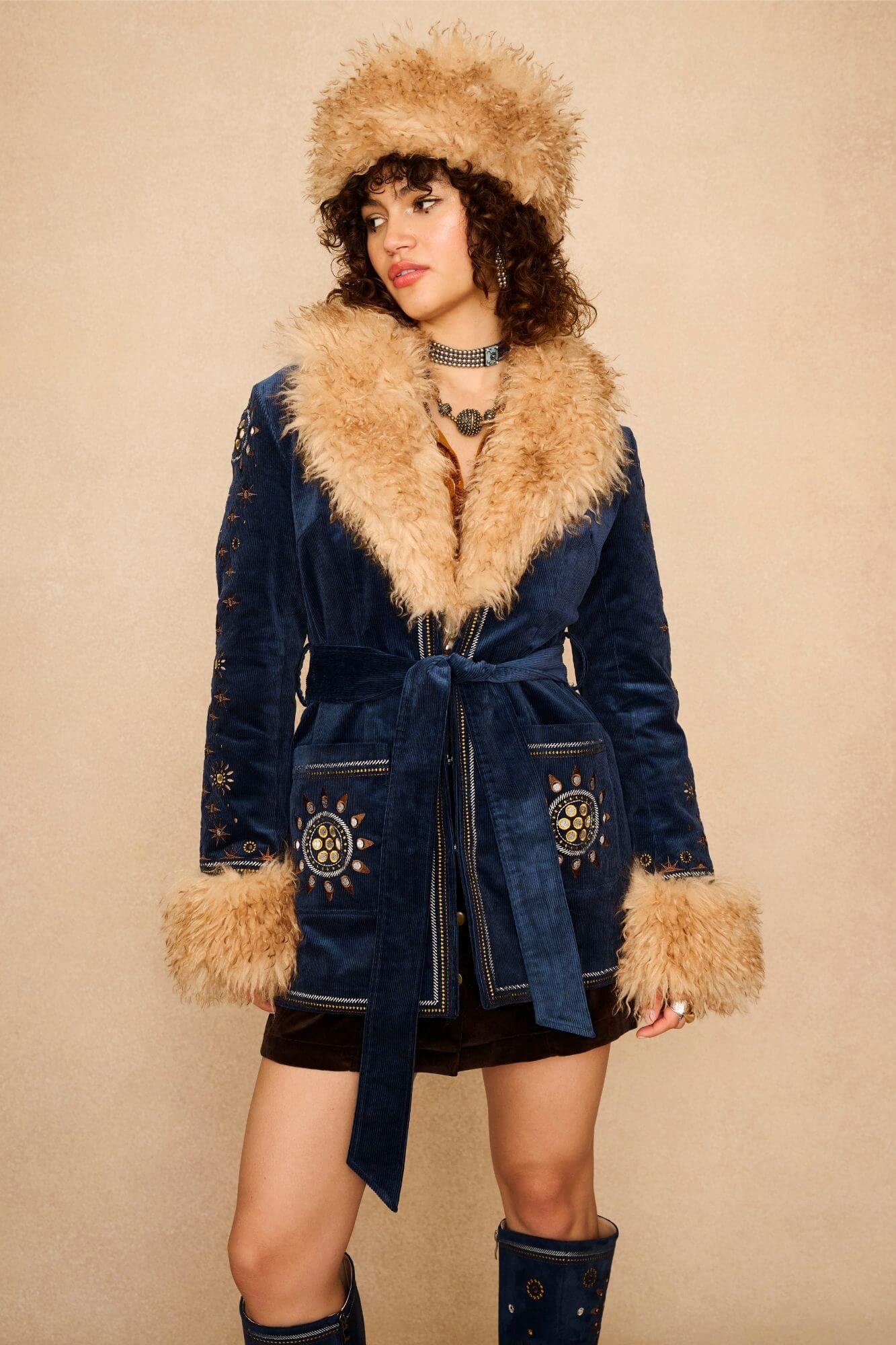 Midnight Embroidered Penny Lane Coat – Blue