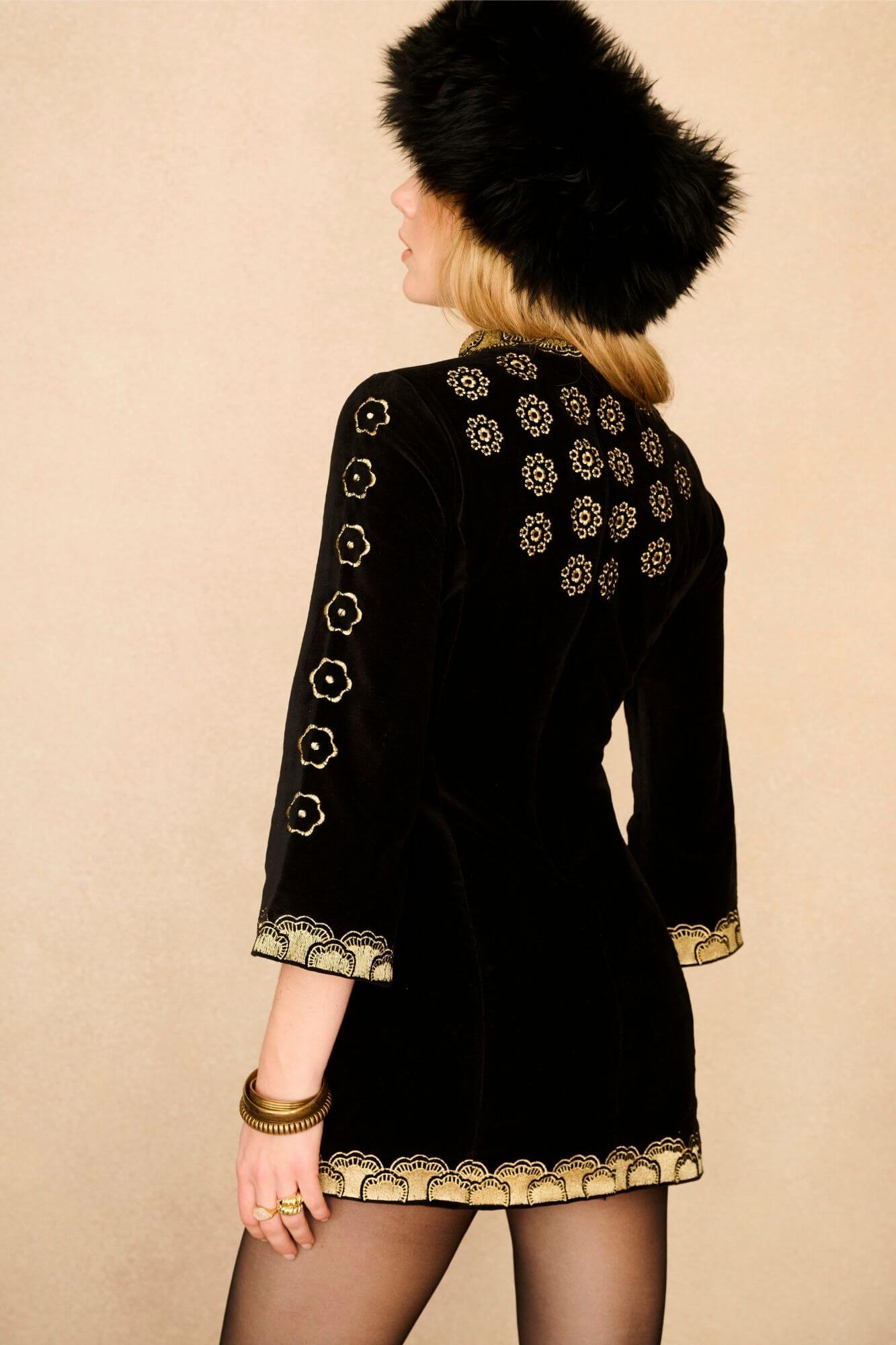 Midnight Muse Embroidered Velvet Mini Dress – Black