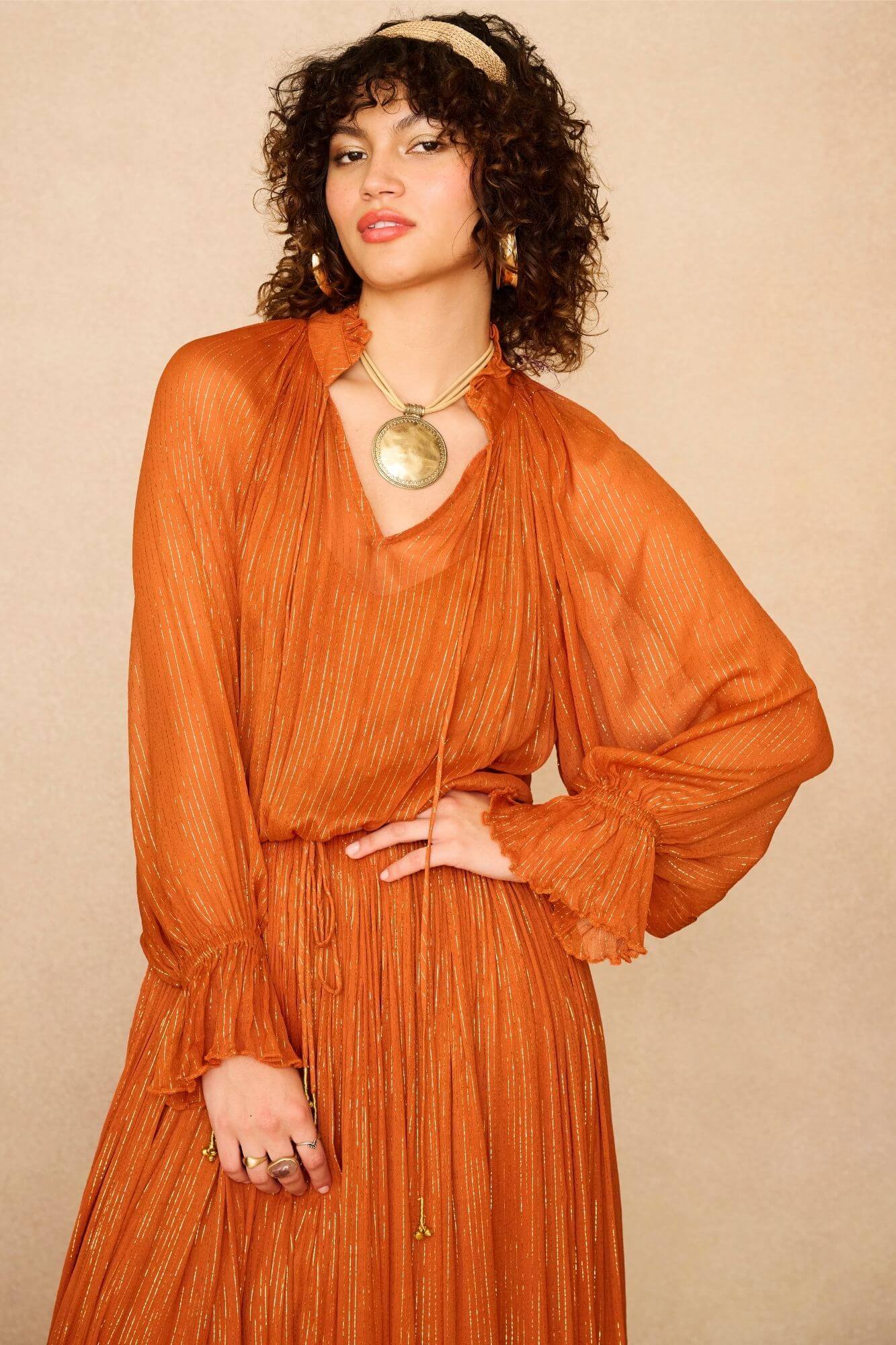 Phoenix Lurex Midi Dress – Orange