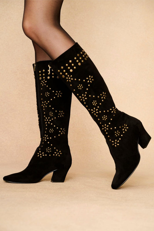 Rebel Revolver Studded Long Boots – Black