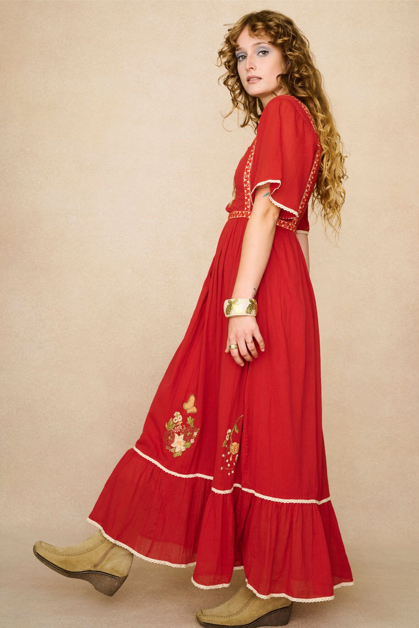 Rosetta Field Flutter Sleeve Maxi Dress – Red